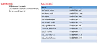 Submitted To:
Md:Ahmed Hossain
Lecturer of Mechanical Department,
Sonargaon University
Name: ID:
Md.Touhid islam BME1703013073
Md.Hasan miah BME1702012306
Md.Foysal BME1703013069
Md.Imran Hossain BME1703013313
Md.Shariful Islam BME1703013101
Md.Sagor Hossain BME1703013062
Abdullah Ibn Habib BME1703013221
Kyajay Marma BME1703013117
Md.Aktarul Sarkar BME1703013125
Md.Atikur Rahman BME1703013273
Submitted By:
 