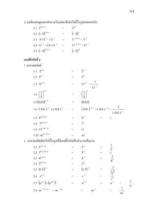 214
2. จงเขียนผลคูณของจํานวนในแตละขอตอไปนี้ในรูปเลขยกกําลัง
2.1 732
2 ++
= 12
2
2.2 ( ) 513
3
++
− = ( )9
3−
2.3 24
555 ×× = 241
5 ++
= 7
5
2.4 22
111111 ×× = 212
11 ++
= 5
11
2.5 ( ) 734
3
++
− = ( )14
3−
แบบฝกหัดที่ 4
1. จงหาผลลัพธ
1.1 29
2 −
= 7
2
1.2 16
3 −
= 5
3
1.3 63
11 −
= 3
11−
= 3
11
1
1.4
24
5
1
−






=
2
5
1






1.5( ) 45
03.0
−
= ( )03.0
1.6 ( ) 75
)8.0(8.0 ÷ = ( ) 75
8.0 −
= 2
)8.0( −
= 2
)8.0(
1
1.7 ( ) 743
5 −+
= 0
5 = 1
1.8 ( ) 416
7 −+
= 3
7
1.9 ( )542
13 −+
= 13
1.10 ( ) 476 +−
m = 3
m
2. จงหาผลลัพธตอไปนี้ในรูปที่มีเลขชี้กําลังเปนจํานวนเต็มบวก
2.1 )4(3
5 −+
= 1
5−
=
5
1
2.2 ( ) 268
3 −−+
= 0
3 = 1
2.3 ( ) 16
4 −−
= 7
4−
= 7
4
1
2.4 ( )16
2 −+
= 5
2
2.5 ( ) 32
5.1
−
= ( ) 1
5.1
−
=
5.1
1
2.6 52−
x = 3−
x = 3
1
x
2.7 ( ) ( )5013 ++
÷ aa = 54−
a = 1−
a =
a
1
2.8 ( )57 −−−
m = 57+−
m = 2−
m = 2
1
m
 