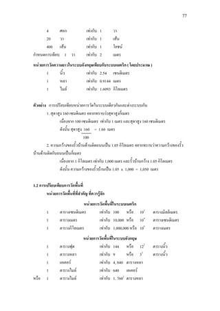 77
4 ศอก เทากับ 1 วา
20 วา เทากับ 1 เสน
400 เสน เทากับ 1 โยชน
กําหนดการเทียบ 1 วา เทากับ 2 เมตร
หนวยการวัดความยาวในระบบอังกฤษเทียบกับระบบเมตริก ( โดยประมาณ )
1 นิ้ว เทากับ 2.54 เซนติเมตร
1 หลา เทากับ 0.9144 เมตร
1 ไมล เทากับ 1.6093 กิโลเมตร
ตัวอยาง การเปรียบเทียบหนวยการวัดในระบบเดียวกันและตางระบบกัน
1. สุดาสูง 160 เซนติเมตร อยากทราบวาสุดาสูงกี่เมตร
เนื่องจาก 100 เซนติเมตร เทากับ 1 เมตร และสุดาสูง 160 เซนติเมตร
ดังนั้น สุดาสูง 160 = 1.60 เมตร
100
2. ความกวางของรั้วบานดานติดถนนเปน 1.05 กิโลเมตร อยากทราบวาความกวางของรั้ว
บานดานติดกับถนนเปนกี่เมตร
เนื่องจาก 1 กิโลเมตร เทากับ 1,000 เมตร และรั้วบานกวาง 1.05 กิโลเมตร
ดังนั้น ความกวางของรั้วบานเปน 1.05 x 1,000 = 1,050 เมตร
1.2 การเปรียบเทียบการวัดพื้นที่
หนวยการวัดพื้นที่ที่สําคัญ ที่ควรรูจัก
หนวยการวัดพื้นที่ในระบบเมตริก
1 ตารางเซนติเมตร เทากับ 100 หรือ 102
ตารางมิลลิเมตร
1 ตารางเมตร เทากับ 10,000 หรือ 104
ตารางเซนติเมตร
1 ตารางกิโลเมตร เทากับ 1,000,000 หรือ 106
ตารางเมตร
หนวยการวัดพื้นที่ในระบบอังกฤษ
1 ตารางฟุต เทากับ 144 หรือ 122
ตารางนิ้ว
1 ตารางหลา เทากับ 9 หรือ 32
ตารางนิ้ว
1 เอเคอร เทากับ 4, 840 ตารางหลา
1 ตารางไมล เทากับ 640 เอเคอร
หรือ 1 ตารางไมล เทากับ 1, 7602
ตารางหลา
 