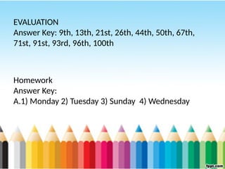 EVALUATION
Answer Key: 9th, 13th, 21st, 26th, 44th, 50th, 67th,
71st, 91st, 93rd, 96th, 100th
Homework
Answer Key:
A.1) Monday 2) Tuesday 3) Sunday 4) Wednesday
 