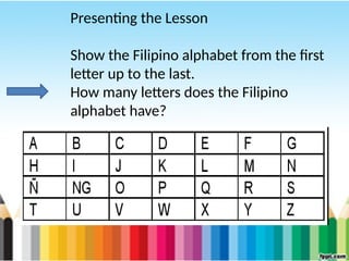 Presenting the Lesson
Show the Filipino alphabet from the first
letter up to the last.
How many letters does the Filipino
alphabet have?
 