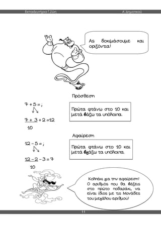 Εκπαιδευτήρια Γ.Ζώη Α΄Δημοτικού
11
Πρόσθεση
7 + 5 = ;
7 + 3 + 2 =12
10
Αφαίρεση
12 – 5 = ;
12 – 2 – 3 = 7
10
Πρώτα φτάνω στο 10 και
μετά βάζω τα υπόλοιπα.
Πρώτα φτάνω στο 10 και
μετά βγάζω τα υπόλοιπα.
Κολπάκι για την αφαίρεση!
Ο αριθμός που θα βάζεις
στο πρώτο ποδαράκι, να
είναι ίδιος με τις Μονάδες
του μεγάλου αριθμού!
Ας δοκιμάσουμε και
οριζόντια!
 
