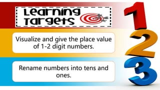 Visualize and give the place value
of 1-2 digit numbers.
Rename numbers into tens and
ones.