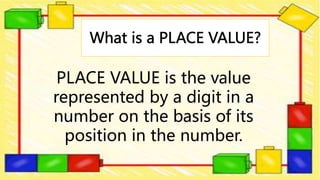 PLACE VALUE is the value
represented by a digit in a
number on the basis of its
position in the number.