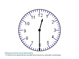Measurement and Geometry 1.2 Tell time to the nearest half hour and relate time to events (e.g., before/after, shorter/longer).  