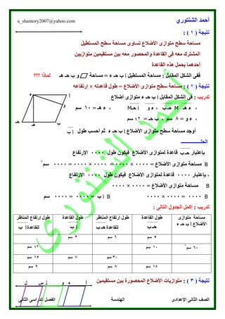 ‫الشنتوري‬ ‫أحمد‬a_shantory2007@yahoo.com
‫الصف‬‫الثانى‬ ‫الدراسى‬ ‫الفصل‬ ‫الهندسة‬ ‫اإلعدادى‬ ‫الثانى‬
‫نت‬‫ي‬‫ج‬( ‫ة‬1):
‫متواز‬ ‫سطح‬ ‫مساحة‬‫المستطيل‬ ‫سطح‬ ‫مساحة‬ ‫تساوى‬ ‫األضالع‬ ‫ى‬
‫متوازيين‬ ‫مستقيمين‬ ‫بين‬ ‫معه‬ ‫والمحصور‬ ‫القاعدة‬ ‫فى‬ ‫معه‬ ‫المشترك‬
‫القاعدة‬ ‫هذه‬ ‫يحمل‬ ‫أحدهما‬
‫المستطيل‬ ‫مساحة‬ : ‫المقابل‬ ‫الشكل‬ ‫ففى‬‫ا‬‫حـ‬ ‫ب‬‫هـ‬ ‫حـ‬ ‫ب‬ ‫و‬ ‫مساحة‬ = ‫ء‬‫؟؟؟‬ ‫لماذا‬
‫نت‬‫ي‬‫ج‬( ‫ة‬۲):‫س‬ ‫مساحة‬‫قاعدته‬ ‫طول‬ = ‫األضالع‬ ‫متوازى‬ ‫طح‬×‫إرتفاعه‬
‫تدريب‬:‫المقابل‬ ‫الشكل‬ ‫فى‬‫ا‬‫حـ‬ ‫ب‬‫أضالع‬ ‫متوازى‬ ‫ء‬
،M،M،= ‫هـ‬ ‫ء‬10‫سم‬
= ‫و‬ ‫ء‬ ،8= ‫حـ‬ ‫ب‬ ، ‫سم‬1۲‫سم‬
‫األضالع‬ ‫متوازى‬ ‫سطح‬ ‫مساحة‬ ‫أوجد‬‫ا‬‫حـ‬ ‫ب‬‫طول‬ ‫أحسب‬ ‫ثم‬ ‫ء‬
‫الحلــــــــــــــــ‬
‫طول‬ ‫فيكون‬ ‫األضالع‬ ‫لمتوازى‬ ‫قاعدة‬ ‫بإعتبار‬0000‫اإلرتفاع‬
B= ‫األضالع‬ ‫متوازى‬ ‫مساحة‬0000×0000=0000×0000=0000‫سم‬
۲
‫بإعتبار‬ ،0000‫طول‬ ‫فيكون‬ ‫األضالع‬ ‫لمتوازى‬ ‫قاعدة‬0000‫اإلرتفاع‬
B= ‫األضالع‬ ‫متوازى‬ ‫مساحة‬0000×0000
B0000=0000×0000B‫ا‬‫ب‬=0000=0000‫سم‬
‫تدريب‬:: ‫التالى‬ ‫الجدول‬ ‫إكمل‬
‫متوازى‬ ‫مساحة‬
‫األضالع‬‫ا‬‫ء‬ ‫حـ‬ ‫ب‬
‫القاعدة‬ ‫طول‬‫المناظر‬ ‫إرتفاع‬ ‫طول‬
‫للقاعدة‬
‫القاعدة‬ ‫طول‬‫المناظر‬ ‫إرتفاع‬ ‫طول‬
‫للقا‬‫عدة‬
5‫سم‬6‫سم‬3‫سم‬
60‫سم‬
۲
10‫سم‬1۲‫سم‬
30‫سم‬8‫سم‬15‫سم‬
18‫سم‬8‫سم‬0‫سم‬
‫نت‬‫ي‬‫ج‬( ‫ة‬3):‫مس‬ ‫بين‬ ‫المحصورة‬ ‫األضالع‬ ‫متوازيات‬‫تقيمين‬
‫ا‬
‫ب‬‫حـ‬
‫ء‬
‫هـ‬
‫و‬
‫هـ‬ ‫ء‬‫حـ‬‫ب‬
‫ا‬‫ب‬
‫و‬ ‫ء‬‫ا‬‫حـ‬
‫ب‬
‫حـ‬‫ب‬
‫ا‬‫ء‬‫و‬‫س‬‫ل‬ ‫ز‬
‫حـ‬‫ب‬‫حـ‬‫ب‬‫ا‬‫ب‬‫ا‬‫ب‬
 