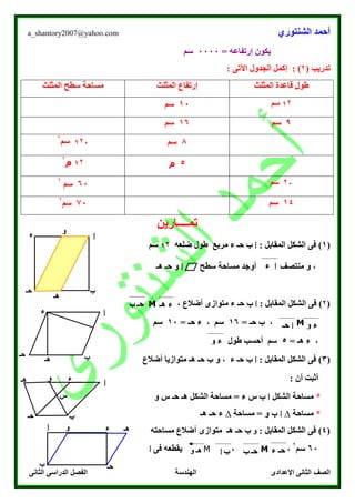 ‫الشنتوري‬ ‫أحمد‬a_shantory2007@yahoo.com
‫الصف‬‫الثانى‬ ‫الدراسى‬ ‫الفصل‬ ‫الهندسة‬ ‫اإلعدادى‬ ‫الثانى‬
= ‫إرتفاعه‬ ‫يكون‬0000‫سم‬
( ‫تدريب‬۲):: ‫اآلتى‬ ‫الجدول‬ ‫إكمل‬
‫المثلث‬ ‫قاعدة‬ ‫طول‬‫المثلث‬ ‫إرتفاع‬‫المثلث‬ ‫سطح‬ ‫مساحة‬
1۲‫سم‬10‫سم‬
0‫سم‬16‫سم‬
8‫سم‬7۲1‫سم‬
۲
5‫م‬۲1‫م‬
۲
۲7‫سم‬60‫سم‬
۲
14‫سم‬70‫سم‬
۲
‫تمــــارين‬
(1): ‫المقابل‬ ‫الشكل‬ ‫فى‬‫ا‬‫ء‬ ‫حـ‬ ‫ب‬‫مربع‬‫ضلعه‬ ‫طول‬1۲‫سم‬
‫منتصف‬ ‫و‬ ،‫سطح‬ ‫مساحة‬ ‫أوجد‬‫ا‬‫و‬‫حـ‬‫هـ‬
(۲): ‫المقابل‬ ‫الشكل‬ ‫فى‬‫ا‬‫ء‬ ‫حـ‬ ‫ب‬، ‫أضالع‬ ‫متوازى‬M
M،= ‫حـ‬ ‫ب‬16= ‫حـ‬ ‫ء‬ ، ‫سم‬10‫سم‬
= ‫هـ‬ ‫ء‬ ،5‫طول‬ ‫أحسب‬ ‫سم‬
(3): ‫المقابل‬ ‫الشكل‬ ‫فى‬‫ا‬‫ء‬ ‫حـ‬ ‫ب‬‫أضالع‬ ‫متوازيا‬ ‫هـ‬ ‫حـ‬ ‫ب‬ ‫و‬ ،
: ‫أن‬ ‫أثبت‬
*‫م‬‫الشكل‬ ‫ساحة‬‫ا‬‫ب‬‫و‬ ‫س‬ ‫حـ‬ ‫هـ‬ ‫الشكل‬ ‫مساحة‬ = ‫ء‬ ‫س‬
*‫م‬‫ساحة‬∆‫ا‬‫ب‬= ‫و‬‫م‬‫ساحة‬∆‫هـ‬ ‫حـ‬ ‫ء‬
(4): ‫المقابل‬ ‫الشكل‬ ‫فى‬‫و‬‫مساحته‬ ‫أضالع‬ ‫متوازى‬ ‫هـ‬ ‫حـ‬ ‫ب‬
60‫سم‬
۲
،M،M‫فى‬ ‫يقطعه‬‫ا‬
‫ا‬
‫ب‬‫حـ‬
‫ء‬
‫هـ‬
‫و‬
‫ا‬‫ء‬
‫ا‬
‫ب‬‫حـ‬
‫ء‬
‫هـ‬
‫هـ‬ ‫ء‬‫حـ‬‫ب‬
‫و‬ ‫ء‬‫ا‬‫حـ‬
‫ب‬‫و‬ ‫ء‬
‫ا‬
‫ب‬‫حـ‬
‫ء‬‫هـ‬ ‫و‬
‫س‬
‫ا‬
‫ب‬ ‫حـ‬
‫ء‬ ‫هـ‬‫و‬
‫ء‬ ‫حـ‬‫حـ‬‫ب‬‫ب‬‫ا‬‫و‬ ‫هـ‬
 