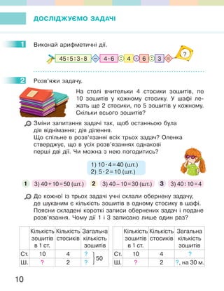 10
ДОСЛІДЖУЄМО ЗАДАЧІ
1 Виконай арифметичні дії.
4.645:5:3.8 6 34 .: : =–
?
2 Розв’яжи задачу.
На столі вчительки 4 стосики зошитів, по
10 зошитів у кожному стосику. У шафі ле-
жать ще 2 стосики, по 5 зошитів у кожному.
Скільки всього зошитів?
Зміни запитання задачі так, щоб останньою була
дія віднімання; дія ділення.
Що спільне в розв’язанні всіх трьох задач? Оленка
стверджує, що в усіх розв’язаннях однакові
перші дві дії. Чи можна з нею погодитись?
1) 10.4=40 (шт.)
2) 5.2=10 (шт.)
3 3) 40:10=41 3) 40+10=50 (шт.) 2 3) 40–10=30 (шт.)
До кожної із трьох задачі учні склали обернену задачу,
де шуканим є кількість зошитів в одному стосику в шафі.
Поясни складені короткі записи обернених задач і подане
розв’язання. Чому дії 1 і 3 записано лише один раз?
Кількість
зошитів
в 1 ст.
Кількість
стосиків
Загальна
кількість
зошитів
Ст. 10 4 ?
Ш. ? 2 ?
50
Кількість
зошитів
в 1 ст.
Кількість
стосиків
Загальна
кількість
зошитів
Ст. 10 4 ?
Ш. ? 2 ?, на 30 м.
1
2
 
