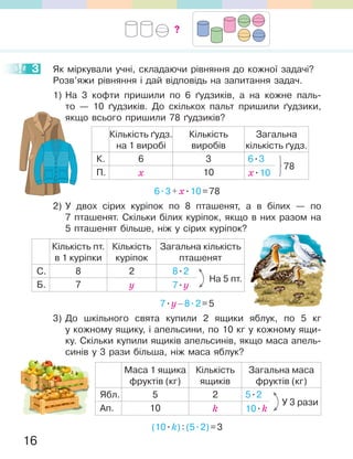 16
3 Як міркували учні, складаючи рівняння до кожної задачі?
Розв’яжи рівняння і дай відповідь на запитання задач.
1) На 3 кофти пришили по 6 ґудзиків, а на кожне паль-
то — 10 ґудзиків. До скількох пальт пришили ґудзики,
якщо всього пришили 78 ґудзиків?
Кількість ґудз.
на 1 виробі
Кількість
виробів
Загальна
кількість ґудз.
К. 6 3 6.3
П. х 10 x.10
78
6.3+x.10=78
2) У двох сірих куріпок по 8 пташенят, а в білих — по
7 пташенят. Скільки білих куріпок, якщо в них разом на
5 пташенят більше, ніж у сірих куріпок?
Кількість пт.
в 1 куріпки
Кількість
куріпок
Загальна кількість
пташенят
C. 8 2 8.2
Б. 7 y 7.y
На 5 пт.
7.y–8.2=5
3) До шкільного свята купили 2 ящики яблук, по 5 кг
у кожному ящику, і апельсини, по 10 кг у кожному ящи-
ку. Скільки купили ящиків апельсинів, якщо маса апель-
синів у 3 рази більша, ніж маса яблук?
Маса 1 ящика
фруктів (кг)
Кількість
ящиків
Загальна маса
фруктів (кг)
Ябл. 5 2 5.2
Ап. 10 k 10.k
У 3 рази
(10.k):(5.2)=3
3
?
 