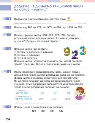 24
ДОДАЄМО І ВІДНІМАЄМО ТРИЦИФРОВІ ЧИСЛА
НА ОСНОВІ НУМЕРАЦІЇ
1 Попрацюй з математичними матеріалами. 2
2 Полічи від 467 до 474; від 903 до 896; від 1000 до 992.
3 Назви «сусідів» чисел: 568; 709; 277; 399. Визнач
розрядний склад поданих чисел. Як можна утворити
ці числа? Запиши відповідні рівності.
4 Запиши число, що містить:
7 сотень, 5 десятків, 3 одиниці;
9 сотень, 5 одиниць;
3 сотні, 8 десятків.
Запиши числа: чотириста тридцять сім; двісті сімдесят;
триста тридцять. Визнач розрядний склад цих чисел.
5 Назви розряди у двоцифровому числі. Заміни подані
двоцифрові числа сумою розрядних доданків за схемою.
Зістав числа в кожному стовпчику. Що змінюється?
Як ця зміна впливає на подання трицифрового числа
у вигляді суми розрядних доданків? Заміни трицифрові
числа сумою розрядних доданків за схемою.
75= + 64 27 29
175= + + 364 727 329
6 Заміни числа сумою розрядних доданків.
429 605 830 947
1
2
3
4
5
6
 