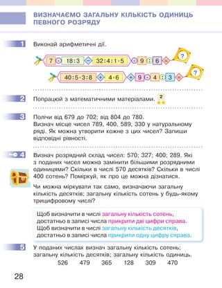 28
ВИЗНАЧАЄМО ЗАГАЛЬНУ КІЛЬКІСТЬ ОДИНИЦЬ
ПЕВНОГО РОЗРЯДУ
1 Виконай арифметичні дії.
6:9. =
?
7 32:4:1.518:3. –
9 34 :. =
?
+40:5.3:8 4.6+
2 Попрацюй з математичними матеріалами. 2
3 Полічи від 679 до 702; від 804 до 780.
Визнач місце чисел 789, 400, 589, 330 у натуральному
ряді. Як можна утворити кожне з цих чисел? Запиши
відповідні рівності.
4 Визнач розрядний склад чисел: 570; 327; 400; 289. Які
з поданих чисел можна замінити більшими розрядними
одиницями? Скільки в числі 570 десятків? Скільки в числі
400 сотень? Поміркуй, як про це можна дізнатися.
Чи можна міркувати так само, визначаючи загальну
кількість десятків; загальну кількість сотень у будь-якому
трицифровому числі?
Щоб визначити в числі загальну кількість сотень,
достатньо в записі числа прикрити дві цифри справа.
Щоб визначити в числі загальну кількість десятків,
достатньо в записі числа прикрити одну цифру справа.
5 У поданих числах визнач загальну кількість сотень;
загальну кількість десятків; загальну кількість одиниць.
526 479 365 128 309 470
1
2
3
4
5
 