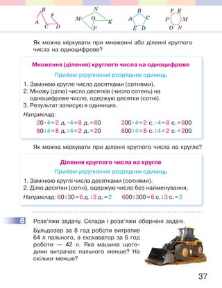 37
Як можна міркувати при множенні або діленні круглого
числа на одноцифрове?
Множення (ділення) круглого числа на одноцифрове
Прийом укрупнення розрядних одиниць
1. Замінюю кругле число десятками (сотнями).
2. Множу (ділю) число десятків (число сотень) на
одноцифрове число, одержую десятки (сотні).
3. Результат записую в одиницях.
Наприклад:
20.4=2 д..4=8 д.=80 200.4=2 с..4=8 с.=800
80:4=8 д.:4=2 д.=20 800:4=8 с.:4=2 с.=200
Як можна міркувати при діленні круглого числа на кругле?
Ділення круглого числа на кругле
Прийом укрупнення розрядних одиниць
1. Замінюю круглі числа десятками (сотнями).
2. Ділю десятки (сотні), одержую число без найменування.
Наприклад: 60:30=6 д.:3 д.=2 600:300=6 с.:3 с.=2
6 Розв’яжи задачу. Склади і розв’яжи обернені задачі.
Бульдозер за 8 год роботи витратив
64 л пального, а екскаватор за 6 год
роботи — 42 л. Яка машина щого-
дини витрачає пального менше? На
скільки менше?
6
А
В
F
C D
N
K
P
OM
E
А
B
C
D O N
MP
KF
 