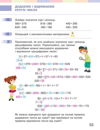 53
ДОДАЄМО І ВІДНІМАЄМО
КРУГЛІ ЧИСЛА
1 Знайди значення сум і різниць.
560+270 810–380 440+290
620–240 180+180 430–350
2 Попрацюй з математичними матеріалами. 2
3 Прокоментуй, як учні знайшли значення сум і різниць
двоцифрових чисел. Переконайся, що такими
способами можна виконувати додавання
і віднімання трицифрових чисел.
36+27=(30+27)+6=57+6=63
30+6
360+270=(300+270)+60=570+60=630
300+60
36+27=(3+27)+33=30+33=63
33+3
360+270=(30+270)+330=300+330=630
330+30
83–66=(80–66)+3=14+3=17
80+3
830–660=(800–660)+30=140+30=170
800+30
83–66=(76–66)+7=10+7=17
7+76
830–660=(760–660)+70=100+70=170
70+760
Як можна міркувати при додаванні на основі правила
додавання числа до суми? при відніманні на основі
правила віднімання числа від суми?
1
2
3
800
 