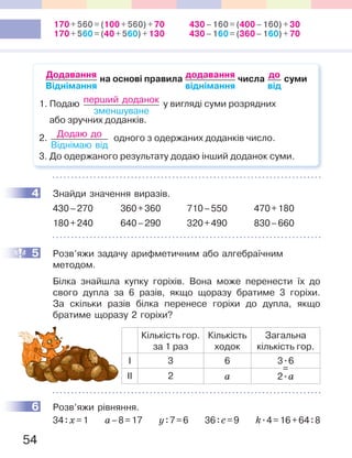 54
Додавання
Віднімання
на основі правила додавання
віднімання
числа до
від
суми
1. Подаю перший доданок
зменшуване
у вигляді суми розрядних
або зручних доданків.
2. Додаю до
Віднімаю від
одного з одержаних доданків число.
3. До одержаного результату додаю інший доданок суми.
4 Знайди значення виразів.
430–270 360+360 710–550 470+180
180+240 640–290 320+490 830–660
5 Розв’яжи задачу арифметичним або алгебраїчним
методом.
Білка знайшла купку горіхів. Вона може перенести їх до
свого дупла за 6 разів, якщо щоразу братиме 3 горіхи.
За скільки разів білка перенесе горіхи до дупла, якщо
братиме щоразу 2 горіхи?
Кількість гор.
за 1 раз
Кількість
ходок
Загальна
кількість гор.
І 3 6 3.6
ІІ 2 a 2.a
6 Розв’яжи рівняння.
34:x=1 a–8=17 y:7=6 36:c=9 k.4=16+64:8
4
5
=
6
170+560=(100+560)+70
170+560=(40+560)+130
430–160=(400–160)+30
430–160=(360–160)+70
 