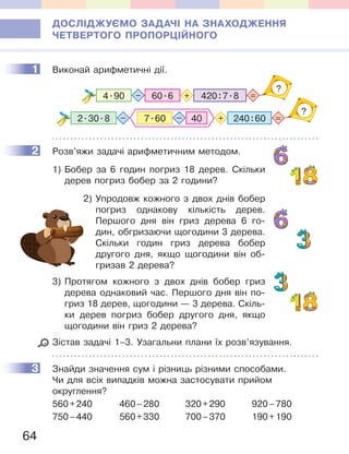 64
ДОСЛІДЖУЄМО ЗАДАЧІ НА ЗНАХОДЖЕННЯ
ЧЕТВЕРТОГО ПРОПОРЦІЙНОГО
1 Виконай арифметичні дії.
60.64.90 420:7.8 =+–
?
240:602.30.8 =+–
?
407.60 –
2 Розв’яжи задачі арифметичним методом.
1) Бобер за 6 годин погриз 18 дерев. Скільки
дерев погриз бобер за 2 години?
2) Упродовж кожного з двох днів бобер
погриз однакову кількість дерев.
Першого дня він гриз дерева 6 го-
дин, обгризаючи щогодини 3 дерева.
Скільки годин гриз дерева бобер
другого дня, якщо щогодини він об-
гризав 2 дерева?
3) Протягом кожного з двох днів бобер гриз
дерева однаковий час. Першого дня він по-
гриз 18 дерев, щогодини — 3 дерева. Скіль-
ки дерев погриз бобер другого дня, якщо
щогодини він гриз 2 дерева?
Зістав задачі 1–3. Узагальни плани їх розв’язування.
3 Знайди значення сум і різниць різними способами.
Чи для всіх випадків можна застосувати прийом
округлення?
560+240 460–280 320+290 920–780
750–440 560+330 700–370 190+190
1
2
3
 