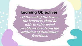 At the end of the lesson,
the learners shall be
able to solve word
problems involving the
addition of dissimilar
fractions.
Learning Objectives
 