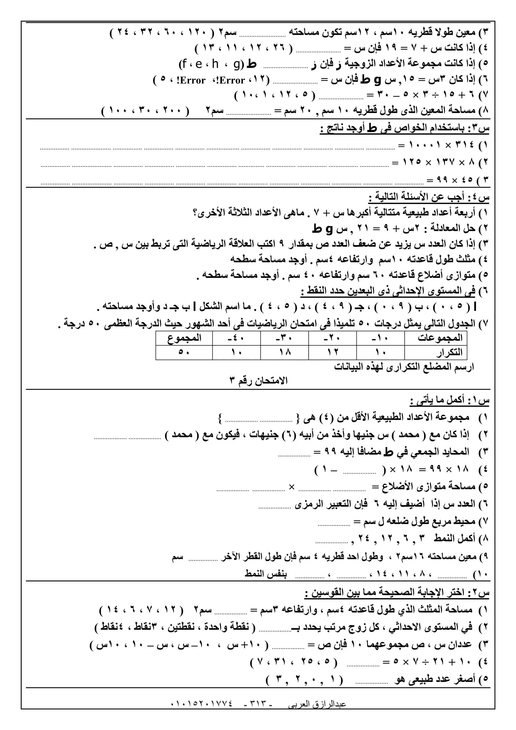 ‫العربى‬ ‫عبدالرازق‬51510251110 -111-
6)‫قطريه‬ ‫طوال‬ ‫معين‬02، ‫سم‬00‫سم‬‫مساحته‬ ‫تكون‬...........................‫سم‬0(002،12،60،04)
4+ ‫س‬ ‫كانت‬ ‫إذا‬ )7=09= ‫س‬ ‫فإن‬..........................(01،00،00،06)
5‫الزوجية‬ ‫األعداد‬ ‫مجموعة‬ ‫كانت‬ ‫إذا‬ )‫ز‬‫فإن‬‫ز‬..........................‫ط‬(g،h،e،f)
1‫كان‬ ‫إذا‬ )6= ‫س‬50‫س‬ ,g‫ط‬= ‫س‬ ‫فإن‬..........................(00،Error!،Error!،5)
7)1+05÷6×5–62=..........................(5،00،0،02)
8‫قطريه‬ ‫طول‬ ‫الذى‬ ‫المعين‬ ‫مساحة‬ )02, ‫سم‬02= ‫سم‬..........................‫سم‬0(022،62،022)
‫س‬6‫فى‬ ‫الخواص‬ ‫باستخدام‬ :‫ط‬: ‫ناتج‬ ‫أوجد‬
0)604×02220=...................................................................................................................................................................................................
0)8×067×005=...............................................................................................................................................................................................
6)45×99=..................................................................................................................................................................................................................
‫س‬4: ‫التالية‬ ‫األسئلة‬ ‫عن‬ ‫أجب‬ :
0)‫ط‬ ‫أعداد‬ ‫أربعة‬+ ‫س‬ ‫أكبرها‬ ‫متتالية‬ ‫بيعية‬7‫ما‬ .‫األخرى؟‬ ‫الثالثة‬ ‫األعداد‬ ‫هى‬
0): ‫المعادلة‬ ‫حل‬0+ ‫س‬9=00‫س‬ ,g‫ط‬
6)‫بمقدار‬ ‫ص‬ ‫العدد‬ ‫ضعف‬ ‫عن‬ ‫يزيد‬ ‫س‬ ‫العدد‬ ‫كان‬ ‫إذا‬9. ‫ص‬ , ‫س‬ ‫بين‬ ‫تربط‬ ‫التى‬ ‫الرياضية‬ ‫العالقة‬ ‫اكتب‬
4)‫مثلث‬‫قاعدته‬ ‫طول‬02‫سم‬‫وارتفاعه‬4‫سطحه‬ ‫مساحة‬ ‫أوجد‬ . ‫سم‬
5)‫قاعدته‬ ‫أضالع‬ ‫متوازى‬12‫وارتفاعه‬ ‫سم‬42. ‫سطحه‬ ‫مساحة‬ ‫أوجد‬ . ‫سم‬
1): ‫النقط‬ ‫حدد‬ ‫البعدين‬ ‫ذى‬ ‫اإلحداثى‬ ‫المستوى‬ ‫فى‬
‫ا‬(5،2( ‫ب‬ ، )9،2( ‫جـ‬ ، )9،4( ‫د‬ ، )5،4‫الشكل‬ ‫اسم‬ ‫ما‬ . )‫ا‬. ‫مساحته‬ ‫وأوجد‬ ‫د‬ ‫جـ‬ ‫ب‬
7)‫التا‬ ‫الجدول‬‫درجات‬ ‫يمثل‬ ‫لى‬52‫العظمى‬ ‫الدرجة‬ ‫حيث‬ ‫الشهور‬ ‫أحد‬ ‫فى‬ ‫الرياضيات‬ ‫امتحان‬ ‫فى‬ ‫تلميذا‬52. ‫درجة‬
‫المجموعات‬02-02-62-42-‫المجموع‬
‫التكرار‬0200080252
‫البيانات‬ ‫لهذه‬ ‫التكرارى‬ ‫المضلع‬ ‫ارسم‬
‫رقم‬ ‫االمتحان‬6
‫س‬0: ‫يأتى‬ ‫ما‬ ‫أكمل‬ :
0)‫م‬ ‫األقل‬ ‫الطبيعية‬ ‫األعداد‬ ‫مجموعة‬( ‫ن‬4‫ه‬ )‫ى‬{......................................}
0)( ‫أبيه‬ ‫من‬ ‫وأخذ‬ ‫جنيها‬ ‫س‬ ) ‫محمد‬ ( ‫مع‬ ‫كان‬ ‫إذا‬1) ‫محمد‬ ( ‫مع‬ ‫فيكون‬ ، ‫جنيهات‬ )......................................
6)‫في‬ ‫الجمعي‬ ‫المحايد‬‫ط‬‫مضافا‬‫إليه‬99=...................
4)08×99=08( ×...................–0)
5)‫مساحة‬= ‫األضالع‬ ‫متوازى‬......................................×......................................
1‫إليه‬ ‫أضيف‬ ‫إذا‬ ‫س‬ ‫العدد‬ )1‫الرمزى‬ ‫التعبير‬ ‫فإن‬...................
7= ‫سم‬ ‫ل‬ ‫ضلعه‬ ‫طول‬ ‫مربع‬ ‫محيط‬ )...................
8)‫النمط‬ ‫أكمل‬6,1,00,04,...................
9‫معين‬ )‫مساحته‬01‫سم‬0‫قطريه‬ ‫احد‬ ‫وطول‬ ،4‫اآلخر‬ ‫القطر‬ ‫طول‬ ‫فإن‬ ‫سم‬.................‫سم‬
02).................،8،00،04،.................،.................‫النمط‬ ‫بنفس‬
‫س‬0‫الصحيحة‬ ‫اإلجابة‬ ‫اختر‬ :: ‫القوسين‬ ‫بين‬ ‫مما‬
0)‫قاعدته‬ ‫طول‬ ‫الذي‬ ‫المثلث‬ ‫مساحة‬4‫وارتفاعه‬ ، ‫سم‬6= ‫سم‬...................‫سم‬0(00،7،1،04)
0)‫بــ‬ ‫يحدد‬ ‫مرتب‬ ‫زوج‬ ‫كل‬ ، ‫االحداثي‬ ‫المستوى‬ ‫في‬...................‫واحدة‬ ‫نقطة‬ (،‫نقطتين‬،6‫نقاط‬،4) ‫نقاط‬
6)‫مجموعهما‬ ‫ص‬ ، ‫س‬ ‫عددان‬02‫فإن‬= ‫ص‬...................(02+‫س‬،02–، ‫س‬‫س‬–02،02) ‫س‬
4)02+00÷7×5=...................(5،05،60،7)
5‫هو‬ ‫طبيعى‬ ‫عدد‬ ‫أصغر‬ )...................(0,2,0,6)
 