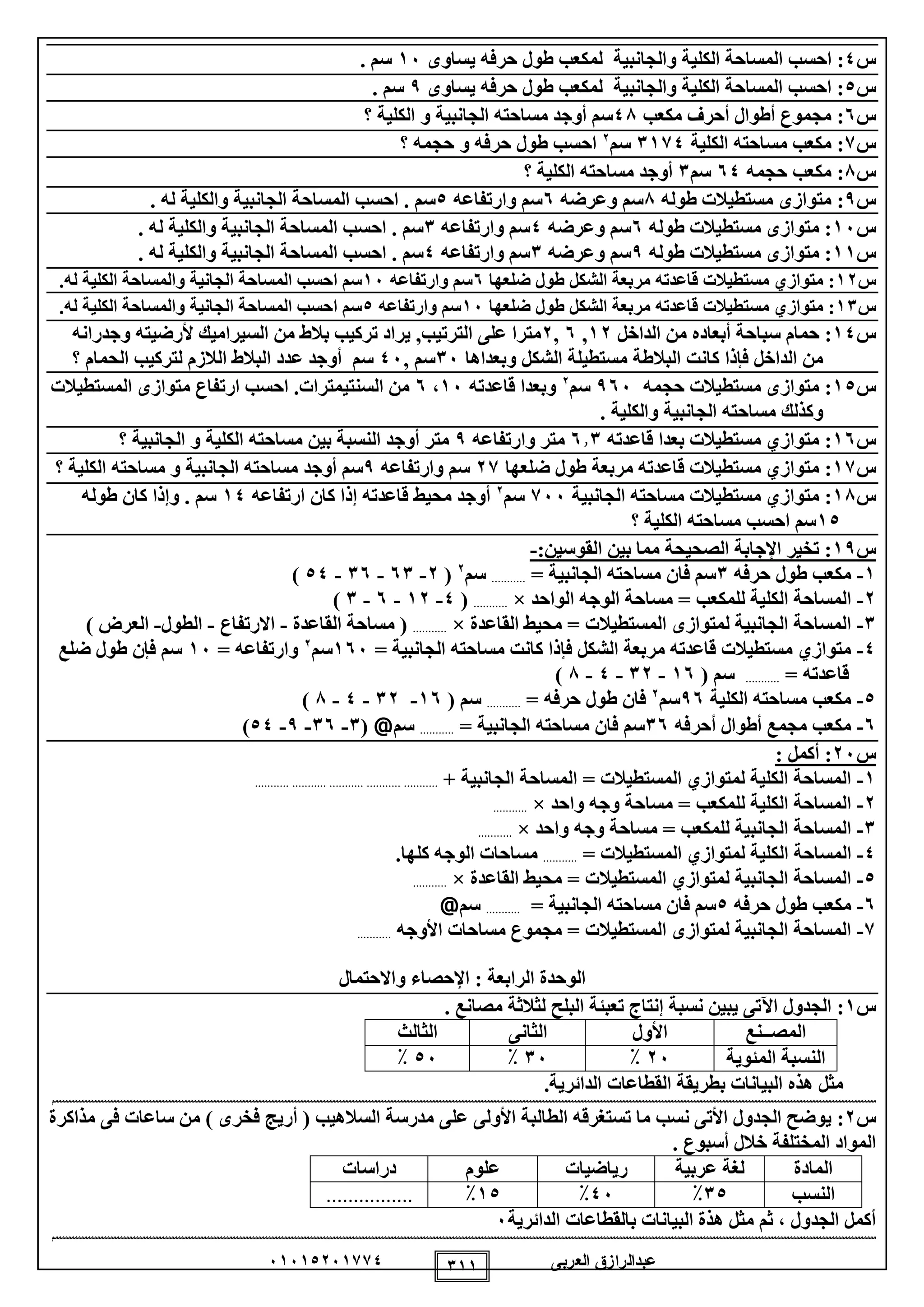‫العربى‬ ‫عبدالرازق‬51510251110 111
‫س‬0‫الكل‬ ‫المساحة‬ ‫احسب‬ :‫يساوى‬ ‫حرفه‬ ‫طول‬ ‫لمكعب‬ ‫والجانبية‬ ‫ية‬15. ‫سم‬
‫س‬0‫يساوى‬ ‫حرفه‬ ‫طول‬ ‫لمكعب‬ ‫والجانبية‬ ‫الكلية‬ ‫المساحة‬ ‫احسب‬ :9. ‫سم‬
‫س‬5:‫مكعب‬ ‫أحرف‬ ‫أطوال‬ ‫مجموع‬08‫؟‬ ‫الكلية‬ ‫و‬ ‫الجانبية‬ ‫مساحته‬ ‫أوجد‬ ‫سم‬
‫س‬1:‫الكلية‬ ‫مساحته‬ ‫مكعب‬1110‫سم‬2
‫؟‬ ‫حجمه‬ ‫و‬ ‫حرفه‬ ‫طول‬ ‫احسب‬
‫س‬8:‫حجمه‬ ‫مكعب‬50‫سم‬1‫مساحت‬ ‫أوجد‬‫؟‬ ‫الكلية‬ ‫ه‬
‫س‬9‫طوله‬ ‫مستطيالت‬ ‫متوازى‬ :8‫وعرضه‬ ‫سم‬5‫وارتفاعه‬ ‫سم‬0‫المساحة‬ ‫احسب‬ . ‫سم‬. ‫له‬ ‫والكلية‬ ‫الجانبية‬
‫س‬15‫طوله‬ ‫مستطيالت‬ ‫متوازى‬ :5‫وعرضه‬ ‫سم‬0‫وارتفاعه‬ ‫سم‬1. ‫له‬ ‫والكلية‬ ‫الجانبية‬ ‫المساحة‬ ‫احسب‬ . ‫سم‬
‫س‬11‫طوله‬ ‫مستطيالت‬ ‫متوازى‬ :9‫وعرضه‬ ‫سم‬1‫وارتفاعه‬ ‫سم‬0‫المساح‬ ‫احسب‬ . ‫سم‬. ‫له‬ ‫والكلية‬ ‫الجانبية‬ ‫ة‬
‫س‬12‫ضلعها‬ ‫طول‬ ‫الشكل‬ ‫مربعة‬ ‫قاعدته‬ ‫مستطيالت‬ ‫متوازي‬ :5‫وارتفاعه‬ ‫سم‬15.‫له‬ ‫الكلية‬ ‫والمساحة‬ ‫الجانية‬ ‫المساحة‬ ‫احسب‬ ‫سم‬
‫س‬11‫ضلعها‬ ‫طول‬ ‫الشكل‬ ‫مربعة‬ ‫قاعدته‬ ‫مستطيالت‬ ‫متوازي‬ :15‫وارتفاعه‬ ‫سم‬0.‫له‬ ‫الكلية‬ ‫والمساحة‬ ‫الجانية‬ ‫المساحة‬ ‫احسب‬ ‫سم‬
‫س‬10‫سباح‬ ‫حمام‬ :‫الداخل‬ ‫من‬ ‫أبعاده‬ ‫ة‬12,5,2‫وجدرا‬ ‫ألرضيته‬ ‫السيراميك‬ ‫من‬ ‫بالط‬ ‫تركيب‬ ‫يراد‬ ,‫الترتيب‬ ‫على‬ ‫مترا‬‫نه‬
‫البالطة‬ ‫كانت‬ ‫فإذا‬ ‫الداخل‬ ‫من‬‫وبعداها‬ ‫الشكل‬ ‫مستطيلة‬15, ‫سم‬05‫الالز‬ ‫البالط‬ ‫عدد‬ ‫أوجد‬ ‫سم‬‫م‬‫؟‬ ‫الحمام‬ ‫لتركيب‬
‫س‬10:‫حجمه‬ ‫مستطيالت‬ ‫متوازى‬955‫سم‬2
‫قاعدته‬ ‫وبعدا‬15،5‫السنتيم‬ ‫من‬‫المستطيالت‬ ‫متوازى‬ ‫ارتفاع‬ ‫احسب‬ .‫ترات‬
‫الجانبية‬ ‫مساحته‬ ‫وكذلك‬‫والكلية‬.
‫س‬15:‫قاعدته‬ ‫بعدا‬ ‫مستطيالت‬ ‫متوازي‬511‫وارتفاعه‬ ‫متر‬9‫؟‬ ‫الجانبية‬ ‫و‬ ‫الكلية‬ ‫مساحته‬ ‫بين‬ ‫النسبة‬ ‫أوجد‬ ‫متر‬
‫س‬11:‫ضلعها‬ ‫طول‬ ‫مربعة‬ ‫قاعدته‬ ‫مستطيالت‬ ‫متوازي‬21‫وارتفاعه‬ ‫سم‬9‫أوجد‬ ‫سم‬‫الجانبية‬ ‫مساحته‬‫مسا‬ ‫و‬‫؟‬ ‫الكلية‬ ‫حته‬
‫س‬18:‫الجانبية‬ ‫مساحته‬ ‫مستطيالت‬ ‫متوازي‬155‫سم‬2
‫ارتفاعه‬ ‫كان‬ ‫إذا‬ ‫قاعدته‬ ‫محيط‬ ‫أوجد‬10‫طوله‬ ‫كان‬ ‫وإذا‬ . ‫سم‬
10‫؟‬ ‫الكلية‬ ‫مساحته‬ ‫احسب‬ ‫سم‬
‫س‬19:‫القوسين‬ ‫بين‬ ‫مما‬ ‫الصحيحة‬ ‫اإلجابة‬ ‫تخير‬ :-
1-‫حرفه‬ ‫طول‬ ‫مكعب‬1= ‫الجانبية‬ ‫مساحته‬ ‫فان‬ ‫سم‬...........‫سم‬2
(2-51-15-00)
2-‫الواحد‬ ‫الوجه‬ ‫مساحة‬ = ‫للمكعب‬ ‫الكلية‬ ‫المساحة‬×...........(0-12-5-1)
1-‫القاعدة‬ ‫محيط‬ = ‫المستطيالت‬ ‫لمتوازى‬ ‫الجانبية‬ ‫المساحة‬×...........‫القاعدة‬ ‫مساحة‬ (-‫االرتفاع‬-‫الطول‬-) ‫العرض‬
0-‫الجا‬ ‫مساحته‬ ‫كانت‬ ‫فإذا‬ ‫الشكل‬ ‫مربعة‬ ‫قاعدته‬ ‫مستطيالت‬ ‫متوازي‬= ‫نبية‬155‫سم‬2
= ‫وارتفاعه‬15‫ضلع‬ ‫طول‬ ‫فإن‬ ‫سم‬
= ‫قاعدته‬...........( ‫سم‬15-12-0-8)
0-‫مساحت‬ ‫مكعب‬‫ه‬‫الكلية‬95‫سم‬2
= ‫حرفه‬ ‫طول‬ ‫فان‬...........( ‫سم‬15-12-0-8)
5-‫أحرفه‬ ‫أطوال‬ ‫مجمع‬ ‫مكعب‬15= ‫الجانبية‬ ‫مساحته‬ ‫فان‬ ‫سم‬...........‫سم‬@(1-15-9-00)
‫س‬25: ‫أكمل‬ :
1-+ ‫الجانبية‬ ‫المساحة‬ = ‫المستطيالت‬ ‫لمتوازي‬ ‫الكلية‬ ‫المساحة‬.......................................................
2-‫واحد‬ ‫وجه‬ ‫مساحة‬ = ‫للمكعب‬ ‫الكلية‬ ‫المساحة‬×...........
1-‫واحد‬ ‫وجه‬ ‫مساحة‬ = ‫للمكعب‬ ‫الجانبية‬ ‫المساحة‬×...........
0-‫ال‬ ‫المساحة‬= ‫المستطيالت‬ ‫لمتوازي‬ ‫كلية‬............‫كلها‬ ‫الوجه‬ ‫مساحات‬
0-‫القاعدة‬ ‫محيط‬ = ‫المستطيالت‬ ‫لمتوازي‬ ‫الجانبية‬ ‫المساحة‬×...........
5-‫حرفه‬ ‫طول‬ ‫مكعب‬0= ‫الجانبية‬ ‫مساحته‬ ‫فان‬ ‫سم‬...........‫سم‬@
1-‫األوجه‬ ‫مساحات‬ ‫مجموع‬ = ‫المستطيالت‬ ‫لمتوازى‬ ‫الجانبية‬ ‫المساحة‬...........
‫واالحتمال‬ ‫اإلحصاء‬ : ‫الرابعة‬ ‫الوحدة‬
‫س‬1:. ‫مصانع‬ ‫لثالثة‬ ‫البلح‬ ‫تعبئة‬ ‫إنتاج‬ ‫نسبة‬ ‫يبين‬ ‫اآلتى‬ ‫الجدول‬
‫المصــنع‬‫األول‬‫الثانى‬‫الثالث‬
‫المئوية‬ ‫النسبة‬25٪15٪05٪
.‫الدائرية‬ ‫القطاعات‬ ‫بطريقة‬ ‫البيانات‬ ‫هذه‬ ‫مثل‬
‫ممممممممممممممممممممممممممممممممممممممممممم‬‫ممممممممممممممممممممممممممممممممممممممممممممممممممممممممممممممممم‬‫ممممممممممممممممممممممم‬‫ممممممممممممممممممممممممممممممممممممممممممممممممممممممممممممممممممممممممممممممممم‬‫مممممممممممممممممممممممممممممممممممممممممممم‬
‫س‬2:‫ما‬ ‫نسب‬ ‫األتى‬ ‫الجدول‬ ‫يوضح‬‫تستغرقه‬‫الطال‬) ‫فخرى‬ ‫أريج‬ ( ‫السالهيب‬ ‫مدرسة‬ ‫على‬ ‫األولى‬ ‫بة‬‫مذاكرة‬ ‫فى‬ ‫ساعات‬ ‫من‬
‫خالل‬ ‫المختلفة‬ ‫المواد‬‫أسبوع‬.
‫المادة‬‫عربية‬ ‫لغة‬‫رياضيات‬‫علوم‬‫دراسات‬
‫النسب‬10٪05٪10٪................
‫الدائرية‬ ‫بالقطاعات‬ ‫البيانات‬ ‫هذة‬ ‫مثل‬ ‫ثم‬ ، ‫الجدول‬ ‫أكمل‬5
‫ممممممممممممممممممممممممممممممممممممم‬‫ممممممممممممممممممممممممممممممممممممممم‬‫ممممممممممممممممممممممممممممممممممممممممممممممممممممممممممممممممممممممممممممممممم‬‫مممممممممممممممممممممممممممممممم‬‫ممممممممممممممممممممممممممممممممممممممممممممممممممممممممممممممممممم‬
 