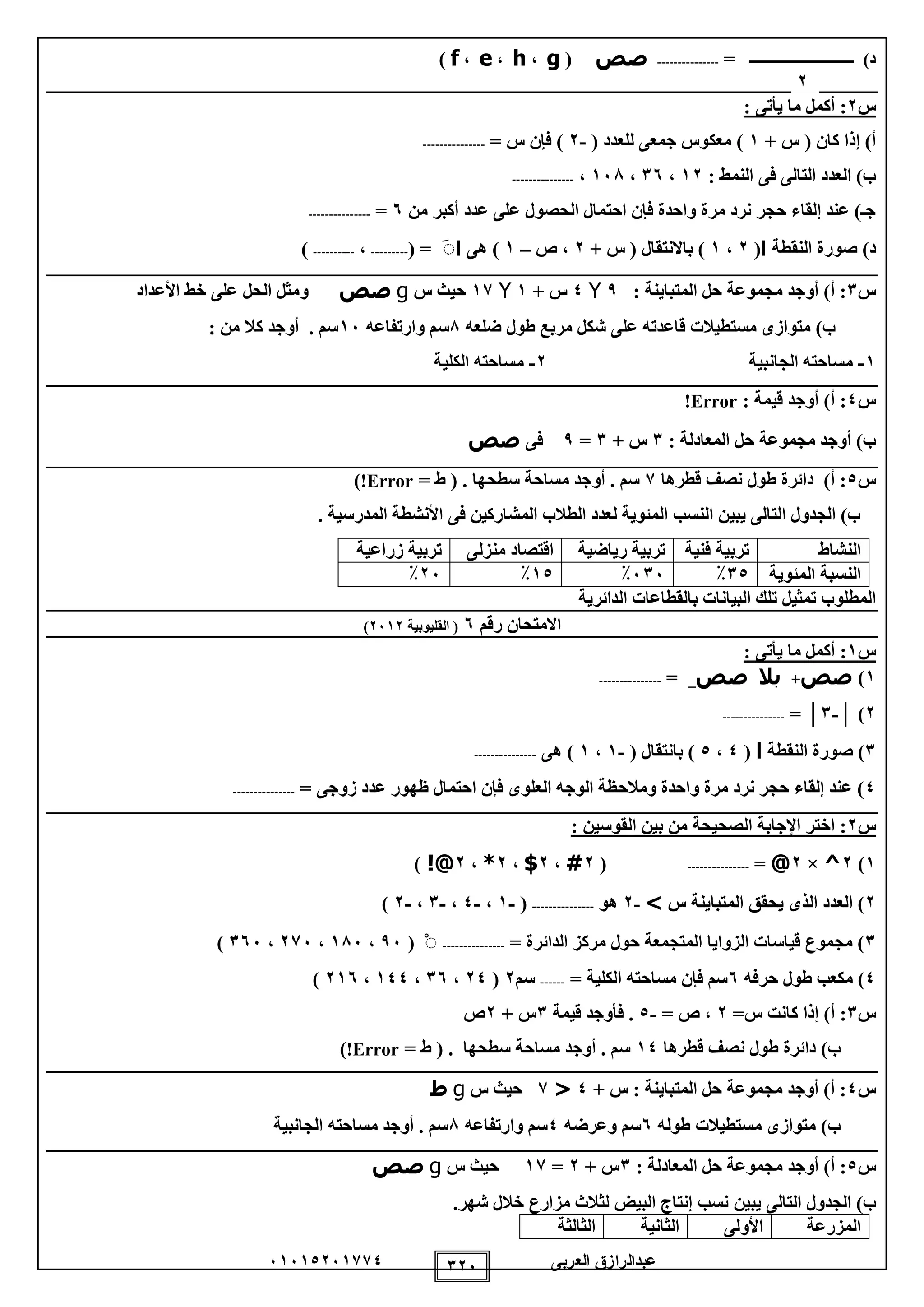‫العربى‬ ‫عبدالرازق‬51510251110 125
‫ــــــــــــــــــــــــــــ‬ )‫د‬=---------------‫صص‬(g،h،e،f)
‫س‬2: ‫يأتى‬ ‫ما‬ ‫أكمل‬ :
+ ‫س‬ ( ‫كان‬ ‫إذا‬ )‫أ‬1( ‫للعدد‬ ‫جمعى‬ ‫معكوس‬ )-2= ‫س‬ ‫فإن‬ )---------------
: ‫النمط‬ ‫فى‬ ‫التالى‬ ‫العدد‬ )‫ب‬12،15،158،---------------
‫من‬ ‫أكبر‬ ‫عدد‬ ‫على‬ ‫الحصول‬ ‫احتمال‬ ‫فإن‬ ‫واحدة‬ ‫مرة‬ ‫نرد‬ ‫حجر‬ ‫إلقاء‬ ‫عند‬ )‫جـ‬5=---------------
‫النقطة‬ ‫صورة‬ )‫د‬‫ا‬(2،1+ ‫س‬ ( ‫باالنتقال‬ )2‫ص‬ ،–1‫هى‬ )‫ا‬ْ( =---------،----------)
‫س‬1: ‫المتباينة‬ ‫حل‬ ‫مجموعة‬ ‫أوجد‬ )‫أ‬ :9Y0+ ‫س‬1Y11‫س‬ ‫حيث‬g‫صص‬‫األعداد‬ ‫خط‬ ‫على‬ ‫الحل‬ ‫ومثل‬
‫ضلعه‬ ‫طول‬ ‫مربع‬ ‫شكل‬ ‫على‬ ‫قاعدته‬ ‫مستطيالت‬ ‫متوازى‬ )‫ب‬8‫وارتفاعه‬ ‫سم‬15: ‫من‬ ‫كال‬ ‫أوجد‬ . ‫سم‬
1-‫الجان‬ ‫مساحته‬‫بية‬2-‫الكلية‬ ‫مساحته‬
‫س‬0: ‫قيمة‬ ‫أوجد‬ )‫أ‬ :Error!
: ‫المعادلة‬ ‫حل‬ ‫مجموعة‬ ‫أوجد‬ )‫ب‬1+ ‫س‬1=9‫فى‬‫صص‬
‫س‬0‫قطرها‬ ‫نصف‬ ‫طول‬ ‫دائرة‬ )‫أ‬ :1= ‫ط‬ ( . ‫سطحها‬ ‫مساحة‬ ‫أوجد‬ . ‫سم‬Error!)
)‫ب‬‫الجدو‬‫التال‬ ‫ل‬‫ى‬‫يبين‬‫ال‬‫نسب‬‫المدرسية‬ ‫األنشطة‬ ‫فى‬ ‫المشاركين‬ ‫الطالب‬ ‫لعدد‬ ‫المئوية‬.
‫ال‬‫نشاط‬‫فنية‬ ‫تربية‬‫رياضية‬ ‫تربية‬‫منزلى‬ ‫اقتصاد‬‫زراعية‬ ‫تربية‬
‫المئوية‬ ‫النسبة‬10٪515٪10٪25٪
‫ت‬ ‫المطلوب‬‫مث‬‫ي‬‫الدائرية‬ ‫بالقطاعات‬ ‫البيانات‬ ‫تلك‬ ‫ل‬
‫رقم‬ ‫االمتحان‬5‫القليوبية‬ (2512)
‫س‬1‫ما‬ ‫أكمل‬ :: ‫يأتى‬
1)‫صص‬+‫بال‬‫صص‬_=---------------
2│ )-1= │---------------
1‫النقطة‬ ‫صورة‬ )‫ا‬(0،0( ‫بانتقال‬ )-1،1‫هى‬ )---------------
0= ‫زوجى‬ ‫عدد‬ ‫ظهور‬ ‫احتمال‬ ‫فإن‬ ‫العلوى‬ ‫الوجه‬ ‫ومالحظة‬ ‫واحدة‬ ‫مرة‬ ‫نرد‬ ‫حجر‬ ‫إلقاء‬ ‫عند‬ )---------------
‫س‬2‫الصحي‬ ‫اإلجابة‬ ‫اختر‬ :: ‫القوسين‬ ‫بين‬ ‫من‬ ‫حة‬
1)2^×2@=---------------(2#،2$،2*،2!@)
2‫س‬ ‫المتباينة‬ ‫يحقق‬ ‫الذى‬ ‫العدد‬ )>-2‫هو‬---------------(-1،-0،-1،-2)
1= ‫الدائرة‬ ‫مركز‬ ‫حول‬ ‫المتجمعة‬ ‫الزوايا‬ ‫قياسات‬ ‫مجموع‬ )---------------ْ(95،185،215،155)
0‫حرفه‬ ‫طول‬ ‫مكعب‬ )5= ‫الكلية‬ ‫مساحته‬ ‫فإن‬ ‫سم‬------‫سم‬2(20،15،100،215)
‫س‬1=‫س‬ ‫كانت‬ ‫إذا‬ )‫أ‬ :2= ‫ص‬ ،-0‫قيمة‬ ‫فأوجد‬ .1+ ‫س‬2‫ص‬
‫قطرها‬ ‫نصف‬ ‫طول‬ ‫دائرة‬ )‫ب‬10= ‫ط‬ ( . ‫سطحها‬ ‫مساحة‬ ‫أوجد‬ . ‫سم‬Error!)
‫س‬0+ ‫س‬ : ‫المتباينة‬ ‫حل‬ ‫مجموعة‬ ‫أوجد‬ )‫أ‬ :0<1‫س‬ ‫حيث‬g‫ط‬
‫طوله‬ ‫مستطيالت‬ ‫متوازى‬ )‫ب‬5‫وعرضه‬ ‫سم‬0‫وارتفاعه‬ ‫سم‬8‫الجانبية‬ ‫مساحته‬ ‫أوجد‬ . ‫سم‬
‫س‬0: ‫المعادلة‬ ‫حل‬ ‫مجموعة‬ ‫أوجد‬ )‫أ‬ :1+ ‫س‬2=11‫س‬ ‫حيث‬g‫صص‬
)‫ب‬‫التال‬ ‫الجدول‬‫ى‬‫يبين‬‫شهر‬ ‫خالل‬ ‫مزارع‬ ‫لثالث‬ ‫البيض‬ ‫إنتاج‬ ‫نسب‬.
‫المزرعة‬‫األولى‬‫الثانية‬‫الثالثة‬
2
 
