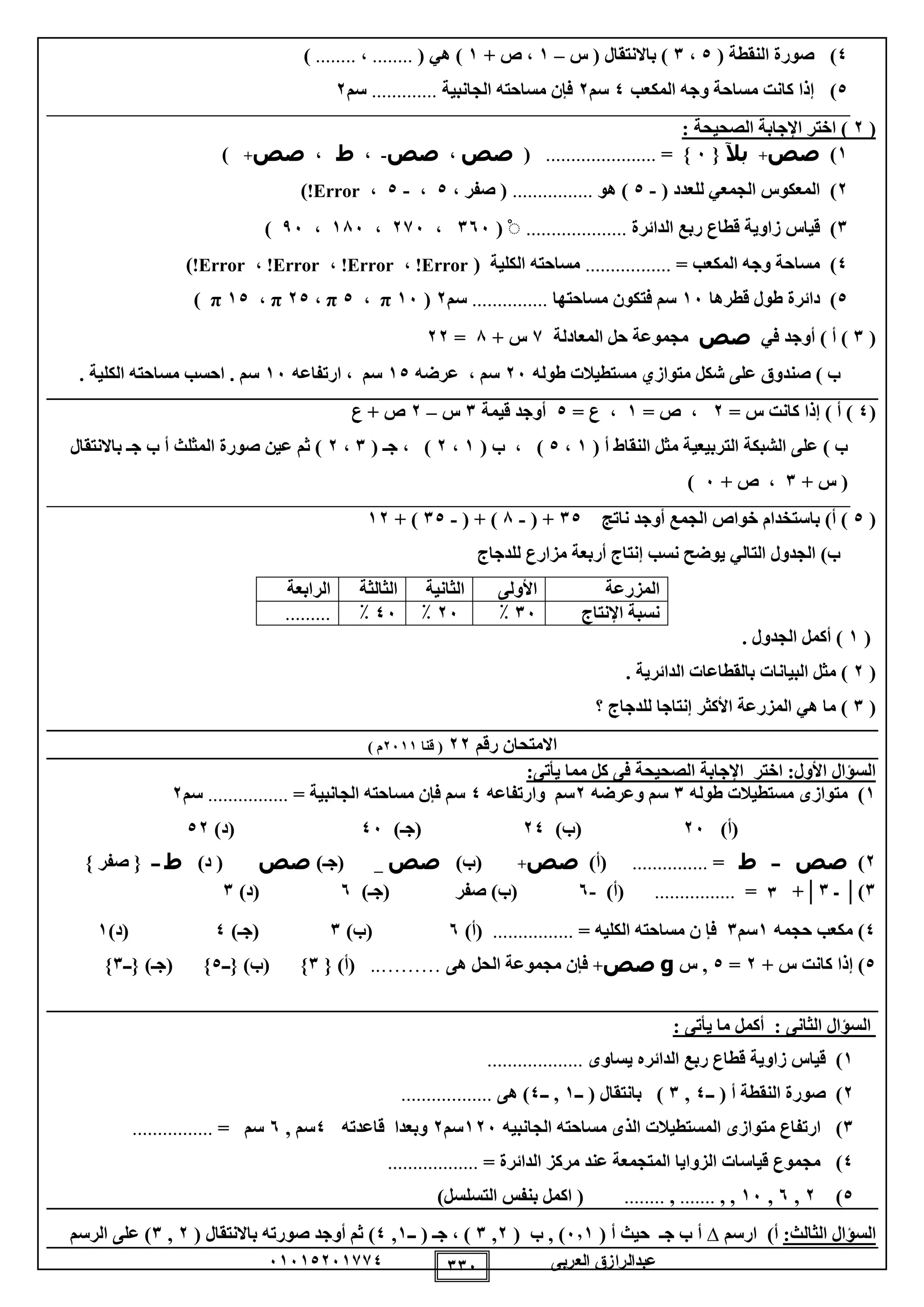 ‫العربى‬ ‫عبدالرازق‬51510251110 115
0)( ‫النقطة‬ ‫صورة‬0،1‫س‬ ( ‫باالنتقال‬ )–1+ ‫ص‬ ،1( ‫هي‬ )........،........)
0)‫المكعب‬ ‫وجه‬ ‫مساحة‬ ‫كانت‬ ‫إذا‬0‫سم‬2‫الجانبية‬ ‫مساحته‬ ‫فإن‬.............‫سم‬2
(2: ‫الصحيحة‬ ‫اإلجابة‬ ‫اختر‬ )
1)‫صص‬+‫بآل‬{5= }......................(‫صص‬،‫صص‬-،‫ط‬،‫صص‬+)
2)( ‫للعدد‬ ‫الجمعي‬ ‫المعكوس‬-0‫هو‬ )................، ‫صفر‬ (0،-0،Error!)
1)‫الدائرة‬ ‫ربع‬ ‫قطاع‬ ‫زاوية‬ ‫قياس‬....................ْ(155،215،185،95)
0)= ‫المكعب‬ ‫وجه‬ ‫مساحة‬.................( ‫الكلية‬ ‫مساحته‬Error!،Error!،Error!،Error!)
0)‫قطرها‬ ‫طول‬ ‫دائرة‬15‫مساحتها‬ ‫فتكون‬ ‫سم‬...............‫سم‬2(15π،0π،20π،10π)
(1‫في‬ ‫أوجد‬ ) ‫أ‬ )‫صص‬‫المعادلة‬ ‫حل‬ ‫مجموعة‬1+ ‫س‬8=22
‫طوله‬ ‫مستطيالت‬ ‫متوازي‬ ‫شكل‬ ‫على‬ ‫صندوق‬ ) ‫ب‬25، ‫سم‬‫عرضه‬10‫ارتفاعه‬ ، ‫سم‬15. ‫الكلية‬ ‫مساحته‬ ‫احسب‬ . ‫سم‬
(0= ‫س‬ ‫كانت‬ ‫إذا‬ ) ‫أ‬ )2= ‫ص‬ ،1= ‫ع‬ ،0‫قيمة‬ ‫أوجد‬1‫س‬–2‫ع‬ + ‫ص‬
( ‫أ‬ ‫النقاط‬ ‫مثل‬ ‫التربيعية‬ ‫الشبكة‬ ‫على‬ ) ‫ب‬1،0( ‫ب‬ ، )1،2( ‫جـ‬ ، )1،2‫باالنتقال‬ ‫جـ‬ ‫ب‬ ‫أ‬ ‫المثلث‬ ‫صورة‬ ‫عين‬ ‫ثم‬ )
+ ‫س‬ (1+ ‫ص‬ ،5)
(0‫ناتج‬ ‫أوجد‬ ‫الجمع‬ ‫خواص‬ ‫باستخدام‬ )‫أ‬ )10( +-8( + )-10+ )12
‫للدجاج‬ ‫مزارع‬ ‫أربعة‬ ‫إنتاج‬ ‫نسب‬ ‫يوضح‬ ‫التالي‬ ‫الجدول‬ )‫ب‬
‫المزرعة‬‫األولى‬‫الثانية‬‫الثالثة‬‫الرابعة‬
‫اإلنتاج‬ ‫نسبة‬15٪25٪05٪.........
(1. ‫الجدول‬ ‫أكمل‬ )
(2‫البيان‬ ‫مثل‬ ). ‫الدائرية‬ ‫بالقطاعات‬ ‫ات‬
(1‫؟‬ ‫للدجاج‬ ‫إنتاجا‬ ‫األكثر‬ ‫المزرعة‬ ‫هي‬ ‫ما‬ )
‫رقم‬ ‫االمتحان‬22‫قنا‬ (2511) ‫م‬
:‫يأتى‬ ‫مما‬ ‫كل‬ ‫فى‬ ‫الصحيحة‬ ‫اإلجابة‬ ‫اختر‬ :‫األول‬ ‫السؤال‬
1‫طوله‬ ‫مستطيالت‬ ‫متوازى‬ )1‫وعرضه‬ ‫سم‬2‫وارتفاعه‬ ‫سم‬0= ‫الجانبية‬ ‫مساحته‬ ‫فإن‬ ‫سم‬................‫سم‬2
)‫(أ‬25)‫(ب‬20‫(ج‬‫ـ‬)05)‫(د‬02
2)‫صص‬‫ــ‬‫ط‬=...............)‫(أ‬‫صص‬+)‫(ب‬‫صص‬_‫(ج‬‫ـ‬)‫صص‬)‫د‬ (‫ط‬‫ــ‬}‫صفر‬{
1)│‫ـ‬1+│3=................)‫(أ‬-5‫ص‬ )‫(ب‬‫فر‬‫(ج‬‫ـ‬)5)‫(د‬1
0‫حجمه‬ ‫مكعب‬ )1‫سم‬1= ‫الكليه‬ ‫مساحته‬ ‫ن‬ ‫فإ‬................)‫(أ‬5)‫(ب‬1‫(ج‬‫ـ‬)0)‫(د‬1
0)+ ‫س‬ ‫كانت‬ ‫إذا‬2=0‫س‬ ,g‫صص‬+‫هى‬ ‫الحل‬ ‫مجموعة‬ ‫فإن‬..………)‫(أ‬}1})‫(ب‬}‫ــ‬0}‫(ج‬‫ـ‬)}‫ــ‬1}
: ‫يأتى‬ ‫ما‬ ‫أكمل‬ : ‫الثانى‬ ‫السؤال‬
1)‫يساوى‬ ‫الدائره‬ ‫ربع‬ ‫قطاع‬ ‫زاوية‬ ‫قياس‬...................
2)‫ــ‬ ( ‫أ‬ ‫النقطة‬ ‫صورة‬0,1‫ــ‬ ( ‫بانتقال‬ )1‫ــ‬ ,0‫هى‬ )..................
1)‫الجانبيه‬ ‫مساحته‬ ‫الذى‬ ‫المستطيالت‬ ‫متوازى‬ ‫ارتفاع‬125‫سم‬2‫قاعدته‬ ‫وبعدا‬0‫سم‬,5= ‫سم‬................
0)= ‫الدائرة‬ ‫مركز‬ ‫عند‬ ‫المتجمعة‬ ‫الزوايا‬ ‫قياسات‬ ‫مجموع‬..................
0)2,5,15, ,.......,........)‫التسلسل‬ ‫بنفس‬ ‫اكمل‬ (
:‫الثالث‬ ‫السؤال‬)‫أ‬‫ارسم‬∆‫ج‬ ‫ب‬ ‫أ‬‫ـ‬( ‫أ‬ ‫حيث‬5,1( ‫ب‬ , )2,1)،‫ج‬‫ـ‬‫ــ‬ (1,0‫باال‬ ‫صورته‬ ‫أوجد‬ ‫ثم‬ )( ‫نتقال‬2,1‫الرسم‬ ‫على‬ )
 