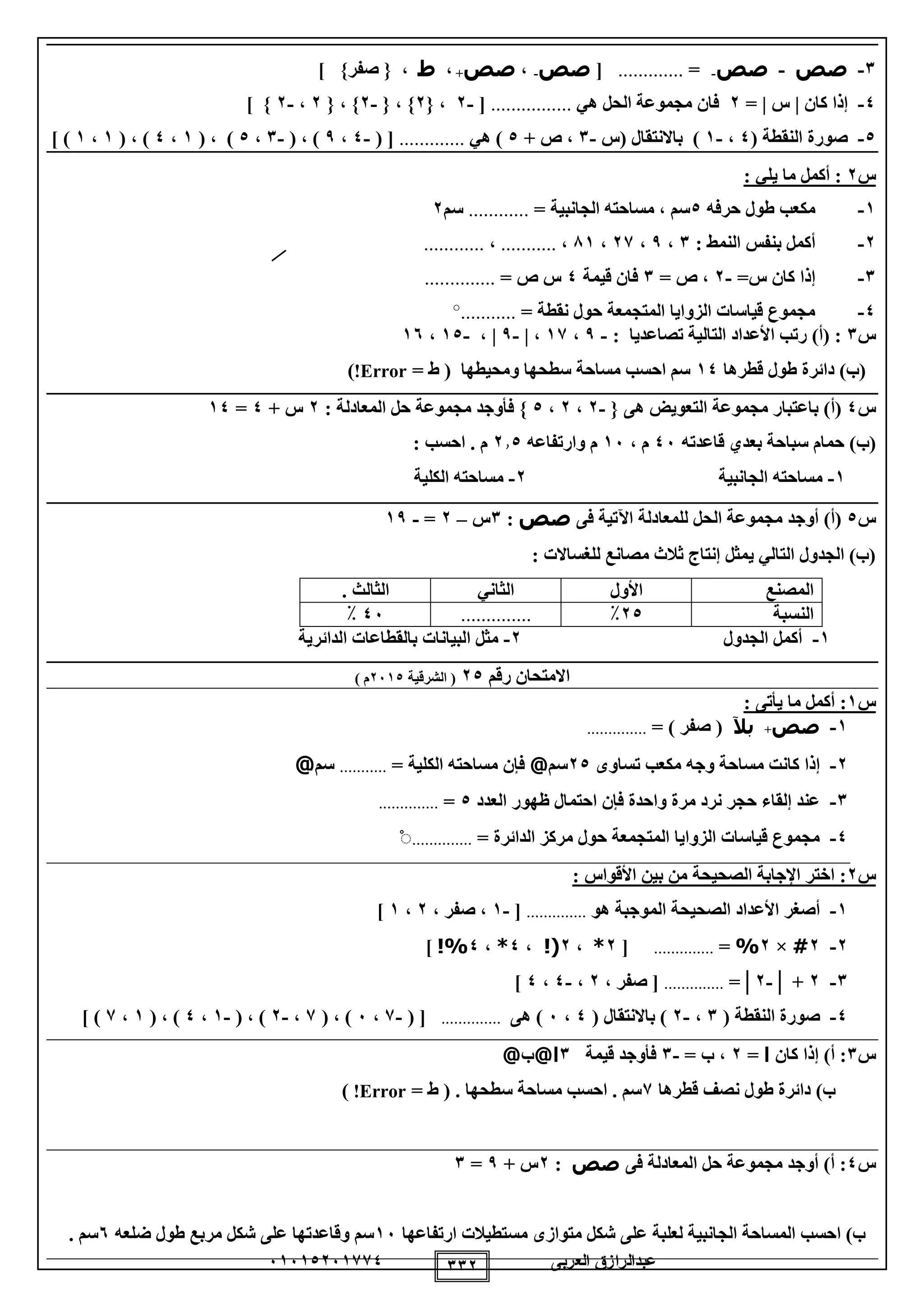 ‫العربى‬ ‫عبدالرازق‬51510251110 112
1-‫صص‬-‫صص‬-=.............[‫صص‬-،‫صص‬+،‫ط‬{ ،}‫صفر‬]
0-‫كان‬ ‫إذا‬|‫س‬= |2‫هي‬ ‫الحل‬ ‫مجموعة‬ ‫فان‬................[-2{ ،2{ ، }-2{ ، }2،-2}]
0-( ‫النقطة‬ ‫صورة‬0،-1‫(س‬ ‫باالنتقال‬ )-1+ ‫ص‬ ،0‫هي‬ ).............[(-0،9( ، )-1،0( ، )1،0( ، )1،1)]
‫س‬2:‫يلي‬ ‫ما‬ ‫أكمل‬:
1-‫مكعب‬‫حرفه‬ ‫طول‬0= ‫الجانبية‬ ‫مساحته‬ ، ‫سم‬............‫سم‬2
2-: ‫النمط‬ ‫بنفس‬ ‫أكمل‬1،9،21،81،...........،............
1-=‫س‬ ‫كان‬ ‫إذا‬-2= ‫ص‬ ،1‫قيمة‬ ‫فان‬0= ‫ص‬ ‫س‬..............
0-= ‫نقطة‬ ‫حول‬ ‫المتجمعة‬ ‫الزوايا‬ ‫قياسات‬ ‫مجموع‬...........○
‫س‬1‫تصا‬ ‫التالية‬ ‫األعداد‬ ‫رتب‬ )‫(أ‬ :: ‫عديا‬-9،11،|-9|،-10،15
‫قطرها‬ ‫طول‬ ‫دائرة‬ )‫(ب‬10= ‫ط‬ ( ‫ومحيطها‬ ‫سطحها‬ ‫مساحة‬ ‫احسب‬ ‫سم‬Error!)
‫س‬0(‫أ‬‫ه‬ ‫التعويض‬ ‫مجموعة‬ ‫باعتبار‬ )‫ى‬{-2،2،0}‫فأوجد‬: ‫المعادلة‬ ‫حل‬ ‫مجموعة‬2+ ‫س‬0=10
(‫ب‬‫قاعدته‬ ‫بعدي‬ ‫سباحة‬ ‫حمام‬ )05، ‫م‬15‫وارتفاعه‬ ‫م‬210‫م‬.‫احسب‬:
1-‫الجانبية‬ ‫مساحته‬2-‫الكلية‬ ‫مساحته‬
‫س‬0)‫(أ‬‫أوجد‬‫ف‬ ‫اآلتية‬ ‫للمعادلة‬ ‫الحل‬ ‫مجموعة‬‫ى‬‫صص‬:1‫س‬–2=-19
: ‫للغساالت‬ ‫مصانع‬ ‫ثالث‬ ‫إنتاج‬ ‫يمثل‬ ‫التالي‬ ‫الجدول‬ )‫(ب‬
‫المصنع‬‫األول‬‫الثاني‬. ‫الثالث‬
‫النسبة‬20٪..............05٪
1-‫الجدول‬ ‫أكمل‬2-‫الدائرية‬ ‫بالقطاعات‬ ‫البيانات‬ ‫مثل‬
‫رقم‬ ‫االمتحان‬20(‫ال‬‫شرقي‬‫ة‬2510) ‫م‬
‫س‬1: ‫يأتى‬ ‫ما‬ ‫أكمل‬ :
1-‫صص‬+‫بآل‬= ) ‫صفر‬ (..............
2-‫تساوى‬ ‫مكعب‬ ‫وجه‬ ‫مساحة‬ ‫كانت‬ ‫إذا‬20‫سم‬@‫الكل‬ ‫مساحته‬ ‫فإن‬= ‫ية‬...........‫سم‬@
1-‫العدد‬ ‫ظهور‬ ‫احتمال‬ ‫فإن‬ ‫واحدة‬ ‫مرة‬ ‫نرد‬ ‫حجر‬ ‫إلقاء‬ ‫عند‬0=..............
0-= ‫الدائرة‬ ‫مركز‬ ‫حول‬ ‫المتجمعة‬ ‫الزوايا‬ ‫قياسات‬ ‫مجموع‬..............ْ
‫س‬2: ‫األقواس‬ ‫بين‬ ‫من‬ ‫الصحيحة‬ ‫اإلجابة‬ ‫اختر‬ :
1-‫هو‬ ‫الموجبة‬ ‫الصحيحة‬ ‫األعداد‬ ‫أصغر‬..............[-1، ‫صفر‬ ،2،1]
2-2#×2%=..............[2*،2!(،0*،0%!]
1-2+│-2│=..............، ‫صفر‬ [2،-0،0]
0-( ‫النقطة‬ ‫صورة‬1،-2( ‫باالنتقال‬ )0،5‫هى‬ )..............( [-1،5( ، )1،-2( ، )-1،0( ، )1،1] )
‫س‬1‫كان‬ ‫إذا‬ )‫أ‬ :‫ا‬=2= ‫ب‬ ،-1‫قيمة‬ ‫فأوجد‬1@‫ا‬‫ب‬@
‫قطرها‬ ‫نصف‬ ‫طول‬ ‫دائرة‬ )‫ب‬1= ‫ط‬ ( . ‫سطحها‬ ‫مساحة‬ ‫احسب‬ . ‫سم‬Error!)
‫س‬0‫فى‬ ‫المعادلة‬ ‫حل‬ ‫مجموعة‬ ‫أوجد‬ )‫أ‬ :‫صص‬:2+ ‫س‬9=1
‫ارتفاعها‬ ‫مستطيالت‬ ‫متوازى‬ ‫شكل‬ ‫على‬ ‫لعلبة‬ ‫الجانبية‬ ‫المساحة‬ ‫احسب‬ )‫ب‬15‫ضلعه‬ ‫طول‬ ‫مربع‬ ‫شكل‬ ‫على‬ ‫وقاعدتها‬ ‫سم‬5. ‫سم‬
 
