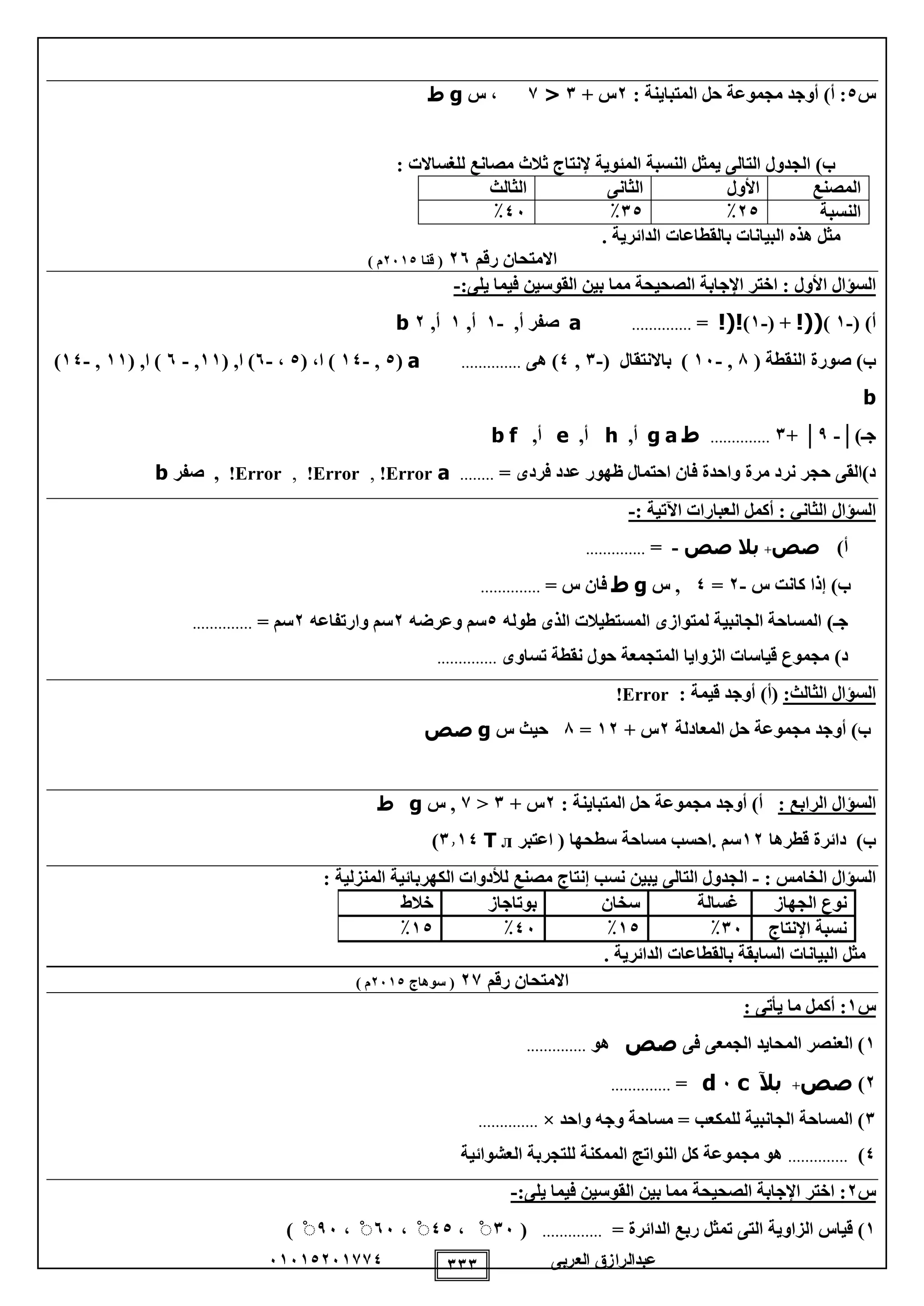 ‫العربى‬ ‫عبدالرازق‬51510251110 111
‫س‬0: ‫المتباينة‬ ‫حل‬ ‫مجموعة‬ ‫أوجد‬ )‫أ‬ :2+ ‫س‬1<1‫س‬ ،g‫ط‬
: ‫للغساالت‬ ‫مصانع‬ ‫ثالث‬ ‫إلنتاج‬ ‫المئوية‬ ‫النسبة‬ ‫يمثل‬ ‫التالى‬ ‫الجدول‬ )‫ب‬
‫المصنع‬‫األول‬‫الثانى‬‫الثالث‬
‫النسبة‬20٪10٪05٪
. ‫الدائرية‬ ‫بالقطاعات‬ ‫البيانات‬ ‫هذه‬ ‫مثل‬
‫رقم‬ ‫االمتحان‬25‫قنا‬ (2510) ‫م‬
‫األول‬ ‫السؤال‬:‫يلى‬ ‫فيما‬ ‫القوسين‬ ‫بين‬ ‫مما‬ ‫الصحيحة‬ ‫اإلجابة‬ ‫اختر‬ :-
)‫أ‬(-1)!((( +-1)!(!=..............a,‫أ‬ ‫صفر‬-1,‫أ‬1,‫أ‬2b
)‫ب‬( ‫النقطة‬ ‫صورة‬8,-15( ‫باالنتقال‬ )-1,0‫هى‬ )..............a(0,-10)‫ا‬،(0،-5( ,‫ا‬ )11,-5( ,‫ا‬ )11,-10)
b
)‫جـ‬│-9│+1..............‫ط‬ag,‫أ‬h,‫أ‬e,‫أ‬fb
‫فردى‬ ‫عدد‬ ‫ظهور‬ ‫احتمال‬ ‫فان‬ ‫واحدة‬ ‫مرة‬ ‫نرد‬ ‫حجر‬ ‫د)القى‬=........aError!,Error!,Error!,‫صفر‬b
‫السؤال‬: ‫اآلتية‬ ‫العبارات‬ ‫أكمل‬ : ‫الثاني‬-
‫أ‬)‫صص‬+‫ب‬‫ال‬‫صص‬-=..............
‫س‬ ‫كانت‬ ‫إذا‬ )‫ب‬-2=0‫س‬ ,g‫ط‬= ‫س‬ ‫فان‬..............
)‫جـ‬‫طوله‬ ‫الذى‬ ‫المستطيالت‬ ‫لمتوازى‬ ‫الجانبية‬ ‫المساحة‬0‫وعرضه‬ ‫سم‬2‫وارتفاعه‬ ‫سم‬2= ‫سم‬..............
)‫د‬‫تساوى‬ ‫نقطة‬ ‫حول‬ ‫المتجمعة‬ ‫الزوايا‬ ‫قياسات‬ ‫مجموع‬..............
:‫الثالث‬ ‫السؤال‬)‫(أ‬‫قيمة‬ ‫أوجد‬:Error!
‫المعادلة‬ ‫حل‬ ‫مجموعة‬ ‫أوجد‬ )‫ب‬2+ ‫س‬12=8‫س‬ ‫حيث‬g‫صص‬
: ‫الرابع‬ ‫السؤال‬: ‫المتباينة‬ ‫حل‬ ‫مجموعة‬ ‫أوجد‬ )‫أ‬2+ ‫س‬1<1,‫س‬g‫ط‬
‫قطرها‬ ‫دائرة‬ )‫ب‬12‫اعتبر‬ ( ‫سطحها‬ ‫مساحة‬ ‫.احسب‬ ‫سم‬лT1110)
: ‫الخامس‬ ‫السؤال‬-‫التالى‬ ‫الجدول‬‫ل‬ ‫مصنع‬ ‫إنتاج‬ ‫نسب‬ ‫يبين‬‫أل‬: ‫المنزلية‬ ‫الكهربائية‬ ‫دوات‬
‫الجهاز‬ ‫نوع‬‫غسالة‬‫سخان‬‫بوت‬‫ا‬‫جاز‬‫خالط‬
‫اإلنتاج‬ ‫نسبة‬15٪10٪05٪10٪
. ‫الدائرية‬ ‫بالقطاعات‬ ‫السابقة‬ ‫البيانات‬ ‫مثل‬
‫رقم‬ ‫االمتحان‬21‫سوهاج‬ (2510) ‫م‬
‫س‬1: ‫يأتى‬ ‫ما‬ ‫أكمل‬ :
1‫فى‬ ‫الجمعى‬ ‫المحايد‬ ‫العنصر‬ )‫صص‬‫هو‬..............
2)‫صص‬+‫بآل‬c5d=..............
1‫واحد‬ ‫وجه‬ ‫مساحة‬ = ‫للمكعب‬ ‫الجانبية‬ ‫المساحة‬ )×..............
0)..............‫العشوائية‬ ‫للتجربة‬ ‫الممكنة‬ ‫النواتج‬ ‫كل‬ ‫مجموعة‬ ‫هو‬
‫س‬2:‫يلى‬ ‫فيما‬ ‫القوسين‬ ‫بين‬ ‫مما‬ ‫الصحيحة‬ ‫اإلجابة‬ ‫اختر‬ :-
1= ‫الدائرة‬ ‫ربع‬ ‫تمثل‬ ‫التى‬ ‫الزاوية‬ ‫قياس‬ )..............(15ْ،00ْ،55ْ،95ْ)
 