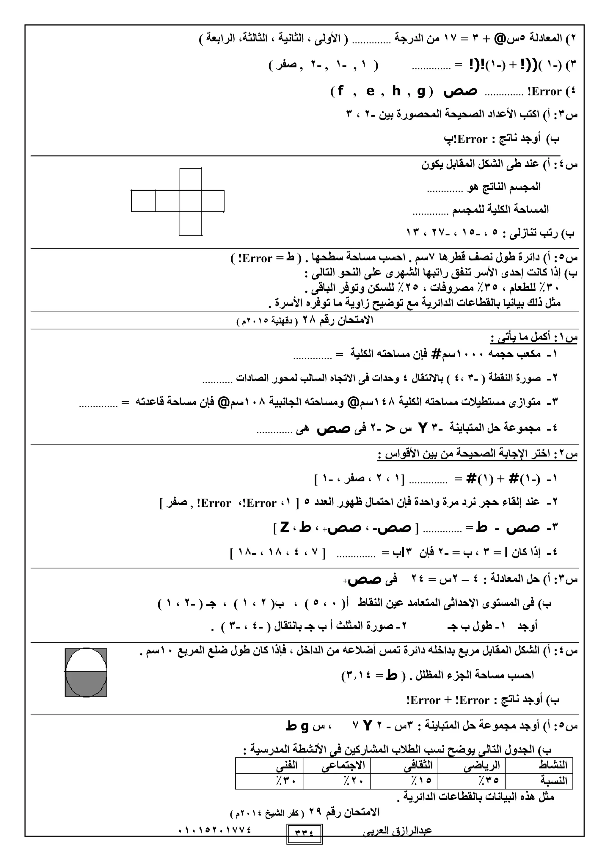 ‫العربى‬ ‫عبدالرازق‬51510251110 110
2‫المعادلة‬ )0‫س‬@+1=11‫الدرجة‬ ‫من‬..............) ‫الرابعة‬ ،‫الثالثة‬ ، ‫الثانية‬ ، ‫األولى‬ (
1)(-1)!((( +-1)!(!=..............(1,-1,-2,‫صفر‬)
0)Error!..............‫صص‬(g,h,e,f)
‫س‬1‫بين‬ ‫المحصورة‬ ‫الصحيحة‬ ‫األعداد‬ ‫اكتب‬ )‫أ‬ :-2،1
‫ب‬): ‫ناتج‬ ‫أوجد‬Error!‫ﭖ‬
‫س‬0‫يكون‬ ‫المقابل‬ ‫الشكل‬ ‫طى‬ ‫عند‬ )‫أ‬ :
‫المجسم‬‫هو‬ ‫الناتج‬.............
‫للمجسم‬ ‫الكلية‬ ‫المساحة‬.............
: ‫تنازلى‬ ‫رتب‬ )‫ب‬0،-10،-21،11
‫س‬0)‫أ‬ :‫قطرها‬ ‫نصف‬ ‫طول‬ ‫دائرة‬1= ‫ط‬ ( . ‫سطحها‬ ‫مساحة‬ ‫احسب‬ . ‫سم‬Error!)
: ‫التالى‬ ‫النحو‬ ‫على‬ ‫الشهرى‬ ‫راتبها‬ ‫تنفق‬ ‫األسر‬ ‫إحدى‬ ‫كانت‬ ‫إذا‬ )‫ب‬
15٪‫ل‬، ‫لطعام‬10٪، ‫مصروفات‬20٪. ‫الباقى‬ ‫وتوفر‬ ‫للسكن‬
. ‫األسرة‬ ‫توفره‬ ‫ما‬ ‫زاوية‬ ‫توضيح‬ ‫مع‬ ‫الدائرية‬ ‫بالقطاعات‬ ‫بيانيا‬ ‫ذلك‬ ‫مثل‬
‫رقم‬ ‫االمتحان‬28‫دقهلية‬ (2510) ‫م‬
‫س‬1: ‫يأتى‬ ‫ما‬ ‫أكمل‬ :
1-‫حجمه‬ ‫مكعب‬1555‫سم‬#‫الكلية‬ ‫مساحته‬ ‫فإن‬=..............
2-( ‫النقطة‬ ‫صورة‬-1،0‫باالنتقال‬ )0‫الصادات‬ ‫لمحور‬ ‫السالب‬ ‫االتجاه‬ ‫فى‬ ‫وحدات‬...........
1-‫الكلية‬ ‫مساحته‬ ‫مستطيالت‬ ‫متوازى‬108‫سم‬@‫الجانبية‬ ‫ومساحته‬158‫سم‬@‫قاعدته‬ ‫مساحة‬ ‫فإن‬=..............
0-‫المتباينة‬ ‫حل‬ ‫مجموعة‬-1Y‫س‬<-2‫فى‬‫صص‬‫هى‬.............
‫س‬2: ‫األقواس‬ ‫بين‬ ‫من‬ ‫الصحيحة‬ ‫اإلجابة‬ ‫اختر‬ :
1-(-1)#( +1)#=..............[1،2،‫صفر‬،-1]
2-‫العدد‬ ‫ظهور‬ ‫احتمال‬ ‫فإن‬ ‫واحدة‬ ‫مرة‬ ‫نرد‬ ‫حجر‬ ‫إلقاء‬ ‫عند‬0[1،Error!،Error!,‫صفر‬]
1-‫صص‬-‫ط‬=..............[‫صص‬-،‫صص‬+،‫ط‬،Z]
0-‫كان‬ ‫إذا‬‫ا‬=1= ‫ب‬ ،-2‫فإن‬1‫ا‬‫ب‬=..............[1،0،18،-18]
‫س‬1)‫أ‬ :: ‫المعادلة‬ ‫حل‬0–2= ‫س‬20‫فى‬‫صص‬+
)‫ب‬(‫أ‬ ‫النقاط‬ ‫عين‬ ‫المتعامد‬ ‫اإلحداثى‬ ‫المستوى‬ ‫فى‬5،0(‫ب‬ ، )2،1( ‫جـ‬ ، )-2،1)
‫أوجد‬1-‫جـ‬ ‫ب‬ ‫طول‬2-( ‫بانتقال‬ ‫جـ‬ ‫ب‬ ‫أ‬ ‫المثلث‬ ‫صورة‬-0،-1).
‫س‬0)‫أ‬ :‫ا‬ ‫الشكل‬‫المربع‬ ‫ضلع‬ ‫طول‬ ‫كان‬ ‫فإذا‬ ، ‫الداخل‬ ‫من‬ ‫أضالعه‬ ‫تمس‬ ‫دائرة‬ ‫بداخله‬ ‫مربع‬ ‫لمقابل‬15. ‫سم‬
( . ‫المظلل‬ ‫الجزء‬ ‫مساحة‬ ‫احسب‬‫ط‬=1110)
: ‫ناتج‬ ‫أوجد‬ )‫ب‬Error!+Error!
‫س‬0: ‫المتباينة‬ ‫حل‬ ‫مجموعة‬ ‫أوجد‬ )‫أ‬ :1‫س‬-2Y1‫س‬ ،g‫ط‬
‫ب‬‫التالى‬ ‫الجدول‬ )‫المدرسية‬ ‫األنشطة‬ ‫فى‬ ‫المشاركين‬ ‫الطالب‬ ‫نسب‬ ‫يوضح‬:
‫ال‬‫نشاط‬‫الرياضى‬‫الثقافى‬‫االجتماعى‬‫الفنى‬
‫النسبة‬10٪10٪25٪15٪
. ‫الدائرية‬ ‫بالقطاعات‬ ‫البيانات‬ ‫هذه‬ ‫مثل‬
‫رقم‬ ‫االمتحان‬29‫الشيخ‬ ‫كفر‬ (2510) ‫م‬
 