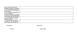 B. No. of learners who require
additional activities for remediation
C. Did the remedial lessons work?
No. of learners who have caught up
with the lesson
D. No. of learners who continue to
require remediation
E. Which of my teaching strategies
worked well? Why did these works?
F. What difficulties did I encounter
which my principal or supervisor
can help me solve?
G. What innovation or localized
materials did I use/ discover which I
wish to share with other teacher?
Prepared by: Checked by:
Teacher I School Head
 