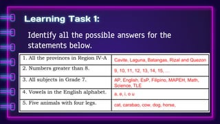Learning Task 1:
Identify all the possible answers for the
statements below.
Cavite, Laguna, Batangas, Rizal and Quezon
9, 10, 11, 12, 13, 14, 15, …
AP, English, EsP, Filipino, MAPEH, Math,
Science, TLE
a, e, i, o u
cat, carabao, cow, dog, horse,
 