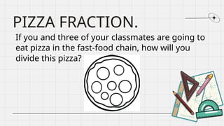 If you and three of your classmates are going to
eat pizza in the fast-food chain, how will you
divide this pizza?
PIZZA FRACTION.
 