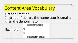 Content Area Vocabulary
Proper Fraction
In proper fraction, the numerator is smaller
than the denominator.
Example:
 