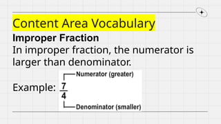 Content Area Vocabulary
Improper Fraction
In improper fraction, the numerator is
larger than denominator.
Example:
 