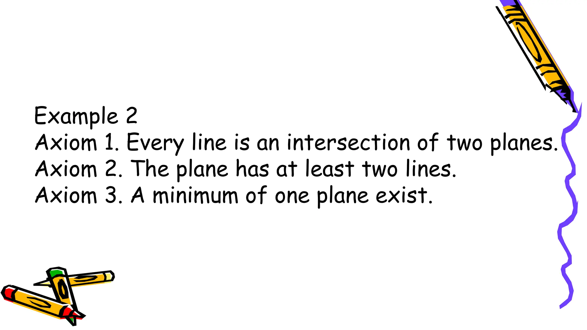 Example 2
Axiom 1. Every line is an intersection of two planes.
Axiom 2. The plane has at least two lines.
Axiom 3. A minimum of one plane exist.
 