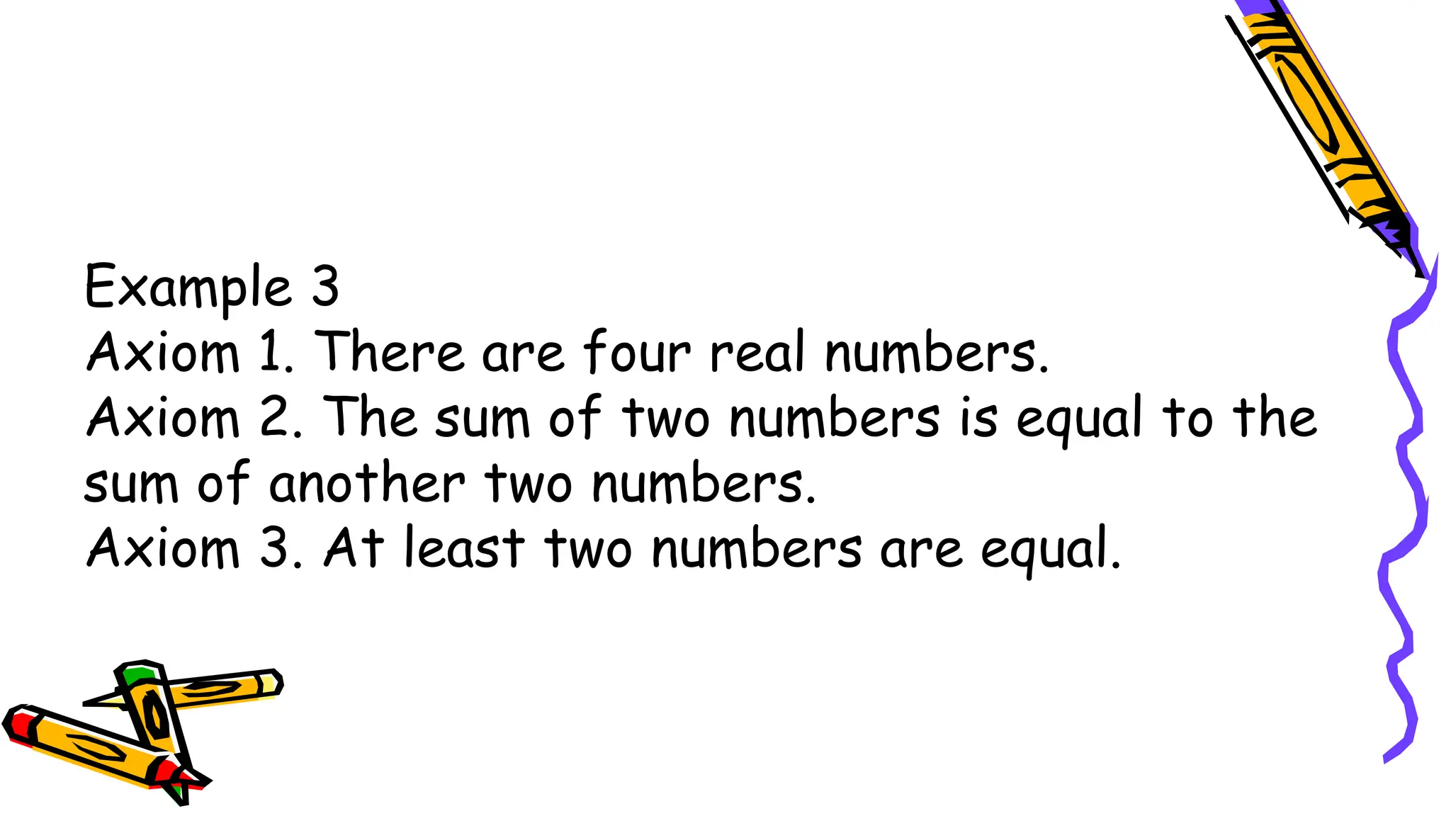 Example 3
Axiom 1. There are four real numbers.
Axiom 2. The sum of two numbers is equal to the
sum of another two numbers.
Axiom 3. At least two numbers are equal.
 
