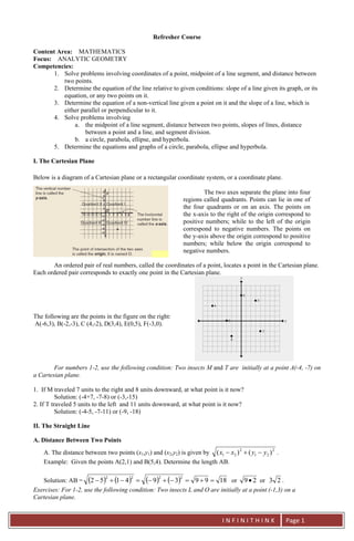 I N F I N I T H I N K Page 1
Refresher Course
Content Area: MATHEMATICS
Focus: ANALYTIC GEOMETRY
Competencies:
1. Solve pr...