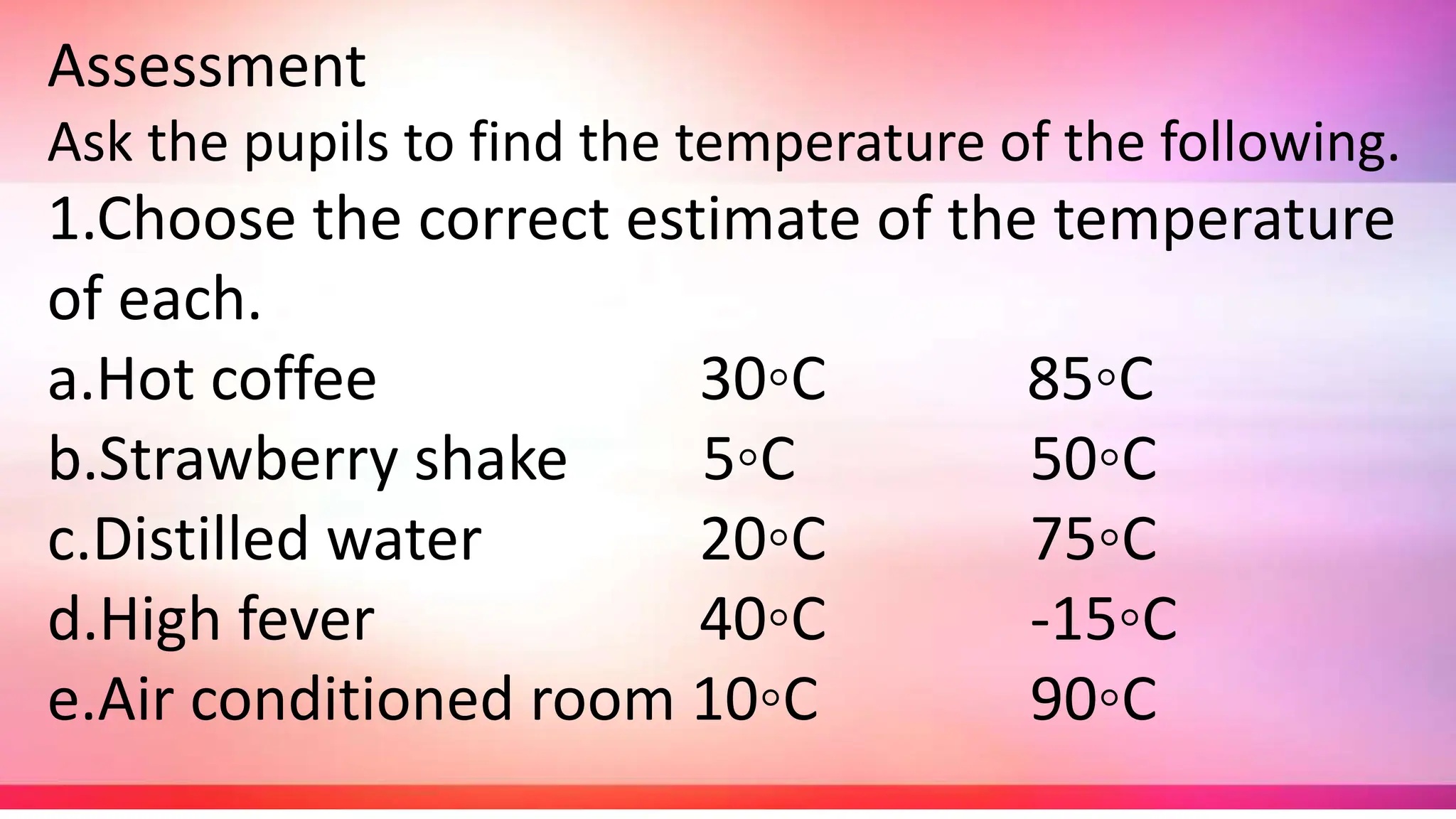 Assessment
Ask the pupils to find the temperature of the following.
1.Choose the correct estimate of the temperature
of each.
a.Hot coffee 30◦C 85◦C
b.Strawberry shake 5◦C 50◦C
c.Distilled water 20◦C 75◦C
d.High fever 40◦C -15◦C
e.Air conditioned room 10◦C 90◦C
 