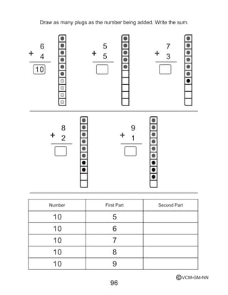 96
Draw as many plugs as the number being added. Write the sum.
6
10
10 5
6
7
8
9
10
10
10
10
4
5
5
7
8
3
2
9
1
Number First Part Second Part
VCM-GM-NNc
 