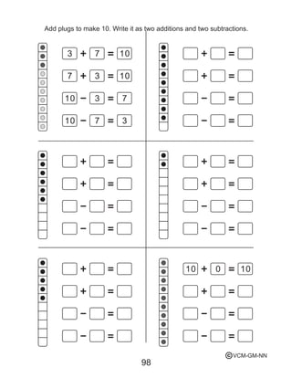 7
7
7
7
3
3
3
3
10
10
10
10
10 100
98
Add plugs to make 10. Write it as two additions and two subtractions.
VCM-GM-NNc
 