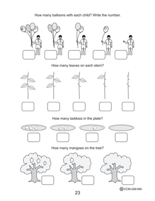 How many balloons with each child? Write the number.
23
How many leaves on each stem?
How many laddoos in the plate?
How many mangoes on the tree?
VCM-GM-NNc
 