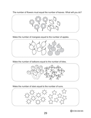 29
The number of flowers must equal the number of leaves. What will you do?
Make the number of mangoes equal to the number of apples.
Make the number of balloons equal to the number of kites.
Make the number of stars equal to the number of suns.
VCM-GM-NNc
 
