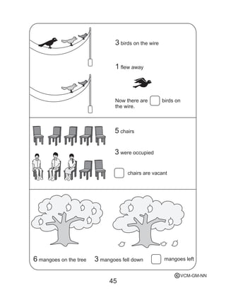 3 birds on the wire
1 flew away
Now there are birds on
the wire.
5 chairs
3 were occupied
6 mangoes on the tree
chairs are vacant
3 mangoes fell down mangoes left
45
VCM-GM-NNc
 