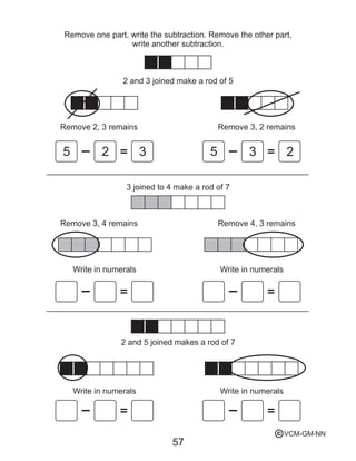 57
Remove one part, write the subtraction.
write another subtraction.
Remove the other part,
2 and 3 joined make a rod of 5
Remove 2, 3 remains Remove 3, 2 remains
5 2 3 5 23
3 joined to 4 make a rod of 7
Remove 3, 4 remains Remove 4, 3 remains
Write in numerals Write in numerals
2 and 5 joined makes a rod of 7
Write in numerals Write in numerals
VCM-GM-NNc
 