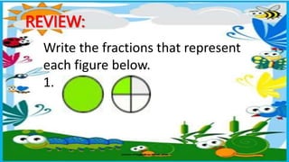 REVIEW:
Write the fractions that represent
each figure below.
1.
 
