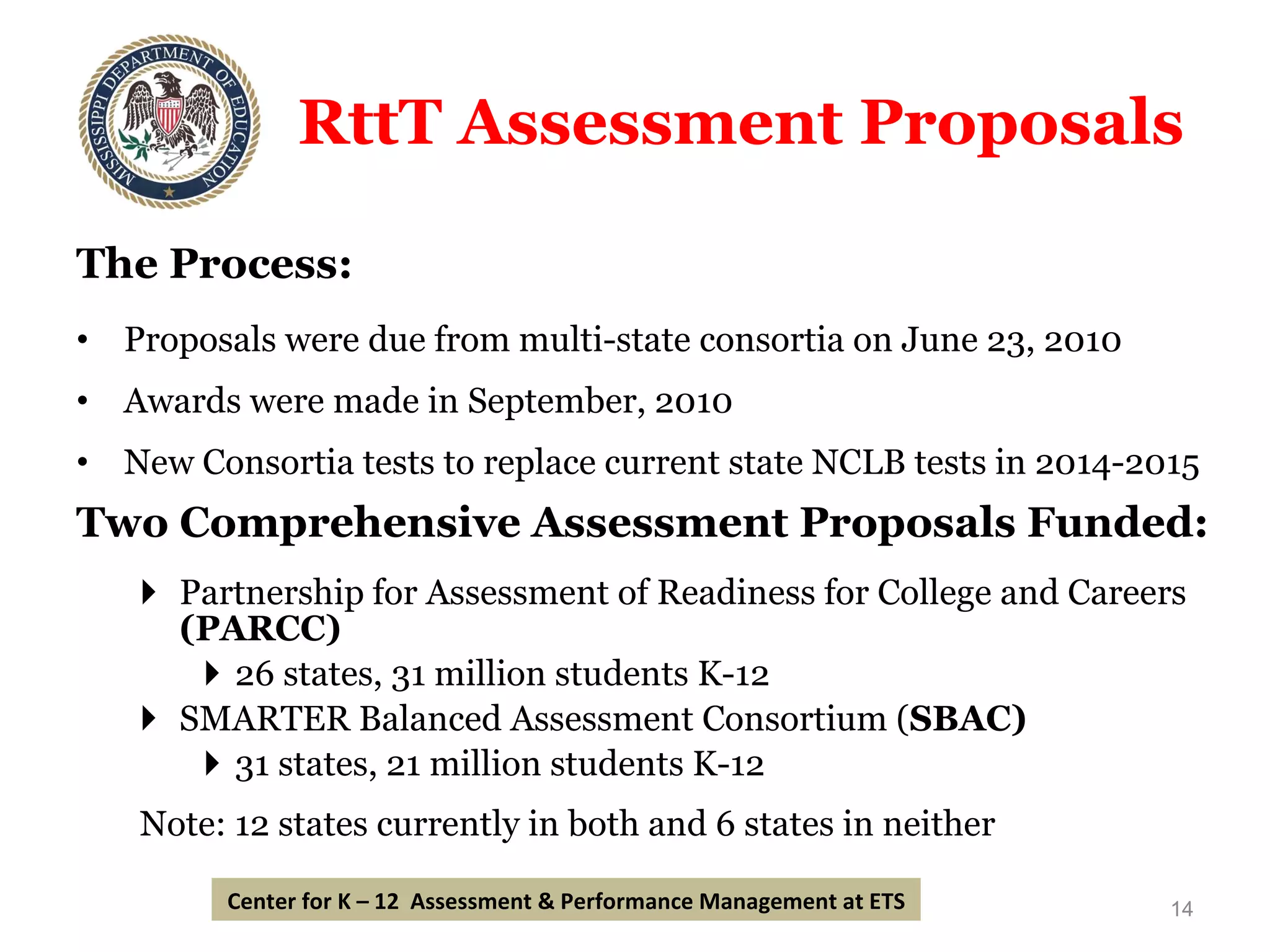 RttT Assessment Proposals The Process: Proposals were due from multi-state consortia on June 23, 2010 Awards were made in September, 2010 New Consortia tests to replace current state NCLB tests in 2014-2015 Two Comprehensive Assessment Proposals Funded: Partnership for Assessment of Readiness for College and Careers  (PARCC)  26 states, 31 million students K-12 SMARTER Balanced Assessment Consortium ( SBAC) 31 states, 21 million students K-12 Note: 12 states currently in both and 6 states in neither Center for K – 12  Assessment & Performance Management at ETS 