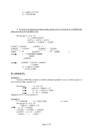A = 6.000 x 1,171121
                A = 7.027,08 Dhs




       3- K où le tx ne figurent pas dans la table, quelle est la V.A d'un K de 13.400,00 Dhs
placé au tx de 4,34 % pendant 5 ans.

         On sait que A = C (1 +i)n
                       A = 13.400 (1,0434)5
                       4,25 % < 4,34 % < 4,50 %
                       (1,0425)5 < (1,0434)5 < (1,045)5

(1,045)5 = 1,246182           (1,0434)5 = ?
(1,0425)5 = 1,231347                 (1,0425)5 = 1,231347
0,0025                       0,014835                        0,0009               x
                x     = 0,014835 x 0,0009
                         0,0025
                 = 0,00534

               (1,0434)5 = 1,231347 + 0,00534
                          = 1,236667
                A = 13.400 x 1,236667
                  = 16.561,33 Dhs

II – calcul du Tx :

Exemple 1 :
        Un K de 5.000 Dhs est placé à intérêts composés pendant 5 ans, sa valeur acquise se
lève à 6.69113 Dhs, calculer le tx.

         On sait que   :        A = C(1 +i)n
                              6.691,13 = 5.000 (1 + i)5
                               (1 + i)5 = 6.691,13 / 5.000
                               (1 + i)5 = 1,338226
D'après la T.F n° 1, le tx est de 6 %

Exemple 2 :
     C = 5.000 Dhs          A = 7.688,13 Dhs                          n = 6 ans
     On sait que A = C (1 +i)n
            7.688,13 = 5.000 (1 + i)6
        (1 + i)6 = 1,537626
     1,521891 < 1,537626 < 1,543302
     (1,0725)6 < (1 + i)6 < (1,075)6
         0,0725 <      i   < 0,075




                                            Page 11/33
 