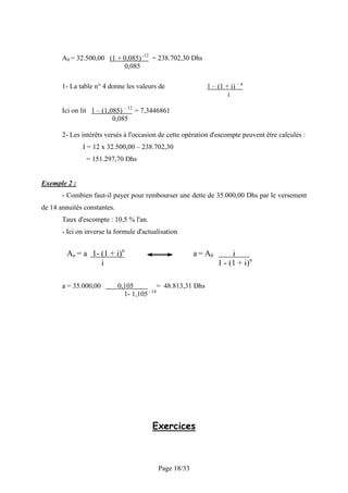 A0 = 32.500,00 (1 + 0,085) -12 = 238.702,30 Dhs
                           0,085

       1- La table n° 4 donne les valeurs de                   1 – (1 + i) – n
                                                                       i

       Ici on lit 1 – (1,085) – 12 = 7,3446861
                          0,085

       2- Les intérêts versés à l'occasion de cette opération d'escompte peuvent être calculés :
              I = 12 x 32.500,00 – 238.702,30
                = 151.297,70 Dhs


Exemple 2 :
       - Combien faut-il payer pour rembourser une dette de 35.000,00 Dhs par le versement
de 14 annuités constantes.
       Taux d'escompte : 10,5 % l'an.
       - Ici on inverse la formule d'actualisation


         An = a 1- (1 + i)n                             a = A0          i
                   i                                               1 - (1 + i)n

       a = 35.000,00         0,105           = 48.813,31 Dhs
                                        - 14
                               1- 1,105




                                         Exercices



                                           Page 18/33
 