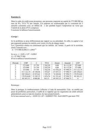 Exercice 4 :
Dans le cadre de crédit jeune promoteur, une personne emprunte un capital de 375 000 DH au
taux de 9%, TVA 7% des intérêts. Cet emprunt est remboursable par le versement de 5
annuités constantes avec un différé de 2 ans pendant lequel l’emprunteur ne verse que
l’intérêt de la dette (TVA comprise).
Construire le tableau d’amortissement.

Corrigé :
Ici le problème se pose différemment par rapport au cas précédant. En effet, le capital n’est
pas augmenté puisque les intérêts sont versés à la fin de chaque année.
Les 2 premières années ne contiennent que les intérêts de l’année. A partir de la troisième
année l’annuité sera :
A = 375 000 (0,0963/1-1,0963-5)
Ici on a : i = 0,09 x 1,07 = 0,0963
A = 97 990,75 DH
D’où le tableau d’amortissement :
Période
1
2
3
4
5
6
7

CDP
375 000
375 000
375 000
313 121,75
245 284,63
170 914,80
89 383,15

I
33 750
33 750
33 750
28 180,96
22 075,62
15 382,33
8 004,48

TVA
2 362,50
2 362,50
2 362,50
1 972,67
1 545,29
1 076,76
563,11

Amort
0,00
0,00
61 878,25
67 837,12
74 269,84
81 531,65
89 383,15

Annuité
36 112,50
36 112,50
97 990,75
97 990,75
97 990,75
97 990,75
97 990,75

CFP
375 000
375 000
313 121,75
245 284,63
170 914,80
89 383,15
0

Remarque :
Dans la pratique, le remboursement s’effectue à l’aide de mensualités. Cela ne semble pas
poser de problèmes particuliers, il suffit de se rappeler que les organismes de crédit utilisent
généralement, pour ce type de situation, les taux proportionnels.
Ici le taux mensuel sera im = (0,09/12) 1,07 = 0,008025 TTC. Soit 0,8025% par mois TTC.

Page 33/33

 