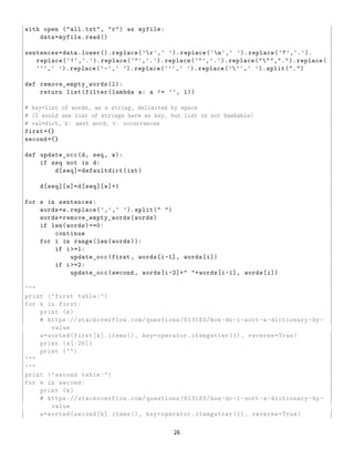 with open ("all.txt", "r") as myfile:
data=myfile.read()
sentences=data.lower().replace('r',' ').replace('n',' ').replace('?','.').
replace('!','.').replace('“','.').replace('”','.').replace(""",".").replace(
'‘',' ').replace('-',' ').replace('’',' ').replace(''',' ').split(".")
def remove_empty_words(l):
return list(filter(lambda a: a != '', l))
# key=list of words, as a string, delimited by space
# (I would use list of strings here as key, but list in not hashable)
# val=dict, k: next word; v: occurrences
first={}
second={}
def update_occ(d, seq, w):
if seq not in d:
d[seq]=defaultdict(int)
d[seq][w]=d[seq][w]+1
for s in sentences:
words=s.replace(',',' ').split(" ")
words=remove_empty_words(words)
if len(words)==0:
continue
for i in range(len(words)):
if i>=1:
update_occ(first, words[i-1], words[i])
if i>=2:
update_occ(second , words[i-2]+" "+words[i-1], words[i])
"""
print ("first table:")
for k in first:
print (k)
# https://stackoverflow.com/questions/613183/how-do-i-sort-a-dictionary -by-
value
s=sorted(first[k].items(), key=operator.itemgetter(1), reverse=True)
print (s[:20])
print ("")
"""
"""
print ("second table:")
for k in second:
print (k)
# https://stackoverflow.com/questions/613183/how-do-i-sort-a-dictionary -by-
value
s=sorted(second[k].items(), key=operator.itemgetter(1), reverse=True)
26
 