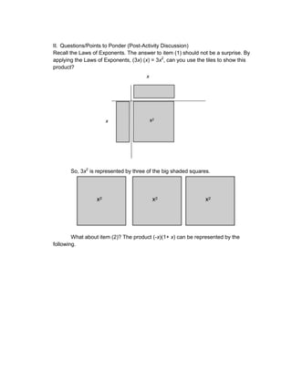 II. Questions/Points to Ponder (Post-Activity Discussion)
Recall the Laws of Exponents. The answer to item (1) should not be a surprise. By
applying the Laws of Exponents, (3x) (x) = 3x2
, can you use the tiles to show this
product?
So, 3x2
is represented by three of the big shaded squares.
What about item (2)? The product (-x)(1+ x) can be represented by the
following.
 