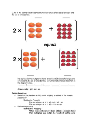 C. Fill in the blanks with the correct numerical values of the set of oranges and
the set of strawberries.
_______ _______
_______ _______
If a represents the multiplier in front, b represents the set of oranges and
c represents the set of strawberries, show the mathematical statement in
the diagram below.
_______ (_______+_______) = ______ • _______ + _______• ______
Answer: a(b + c) = ab + ac
Guide Questions:
Based on the previous activity, what property is applied in the images
presented?
Distributive Property
For any integers a, b, c, a(b + c) = ab + ac
For any integers a, b, c, a(b - c) = ab - ac
Define the property.
Distributive Property
When two numbers have been added / subtracted and
then multiplied by a factor, the result will be the same
+
2 ×
equals
+
2 ×
 